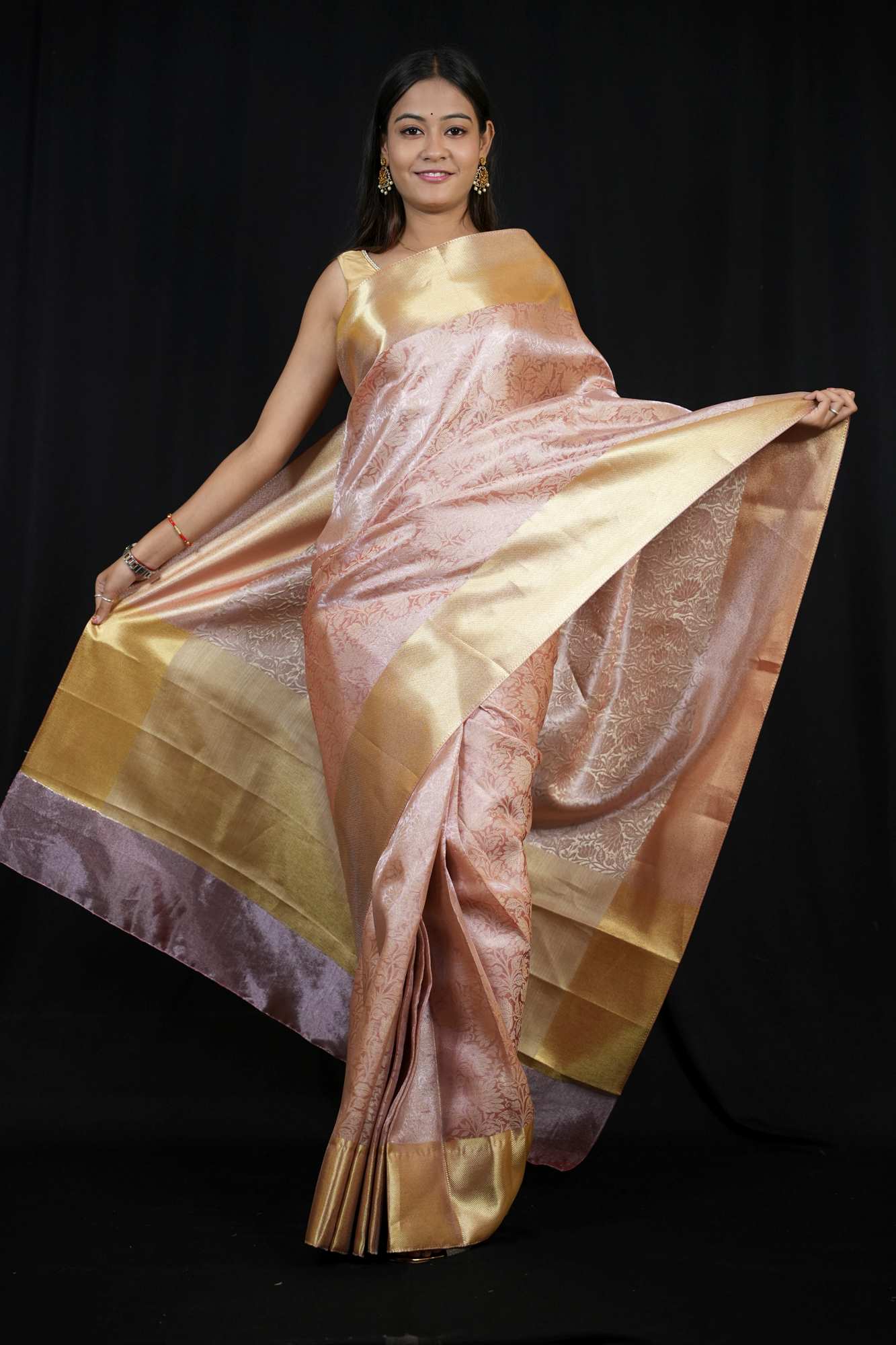 Banarasi ready to wear saree with ornate pallu and zari woven border