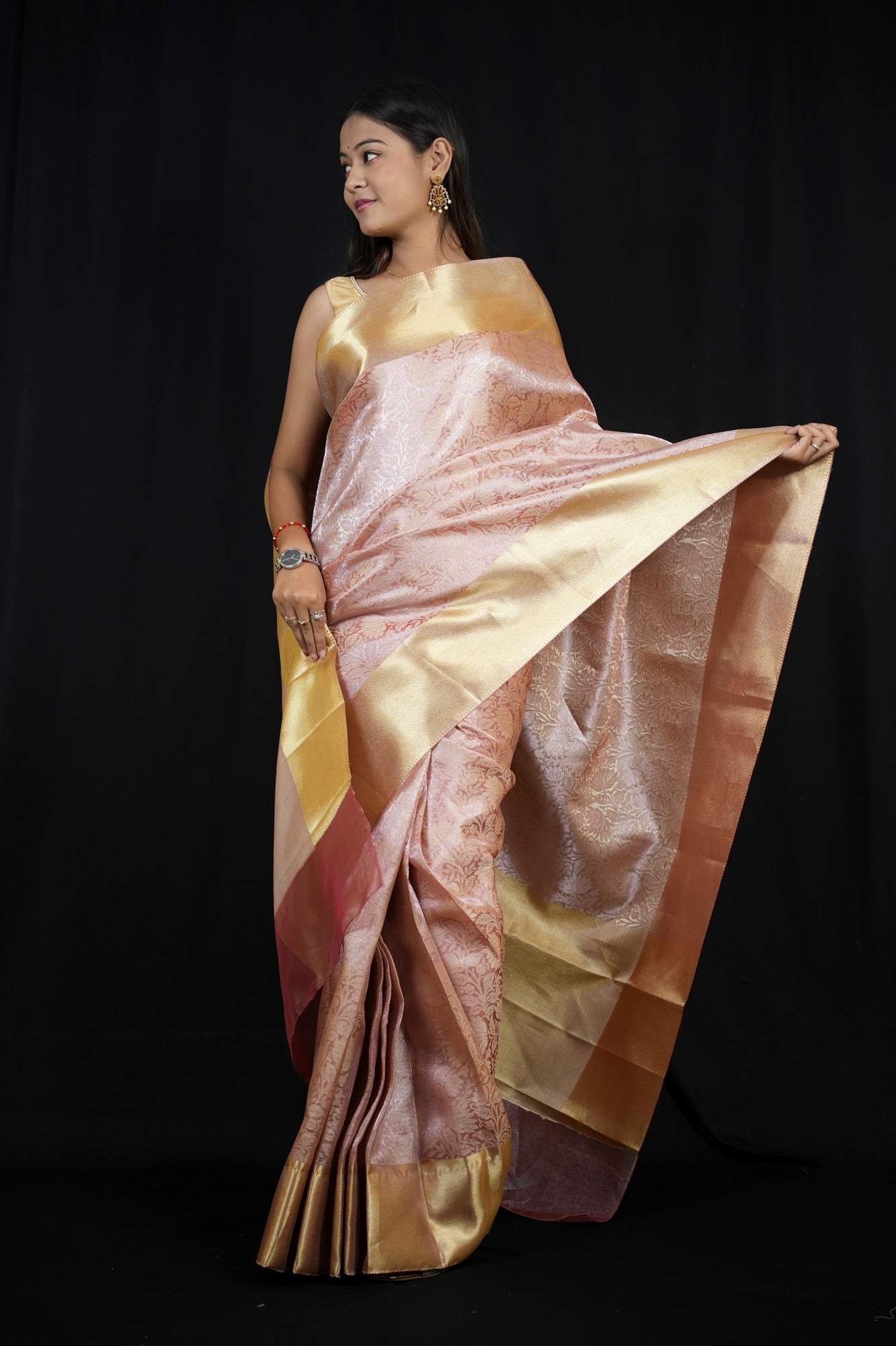Banarasi ready to wear saree with ornate pallu and zari woven border