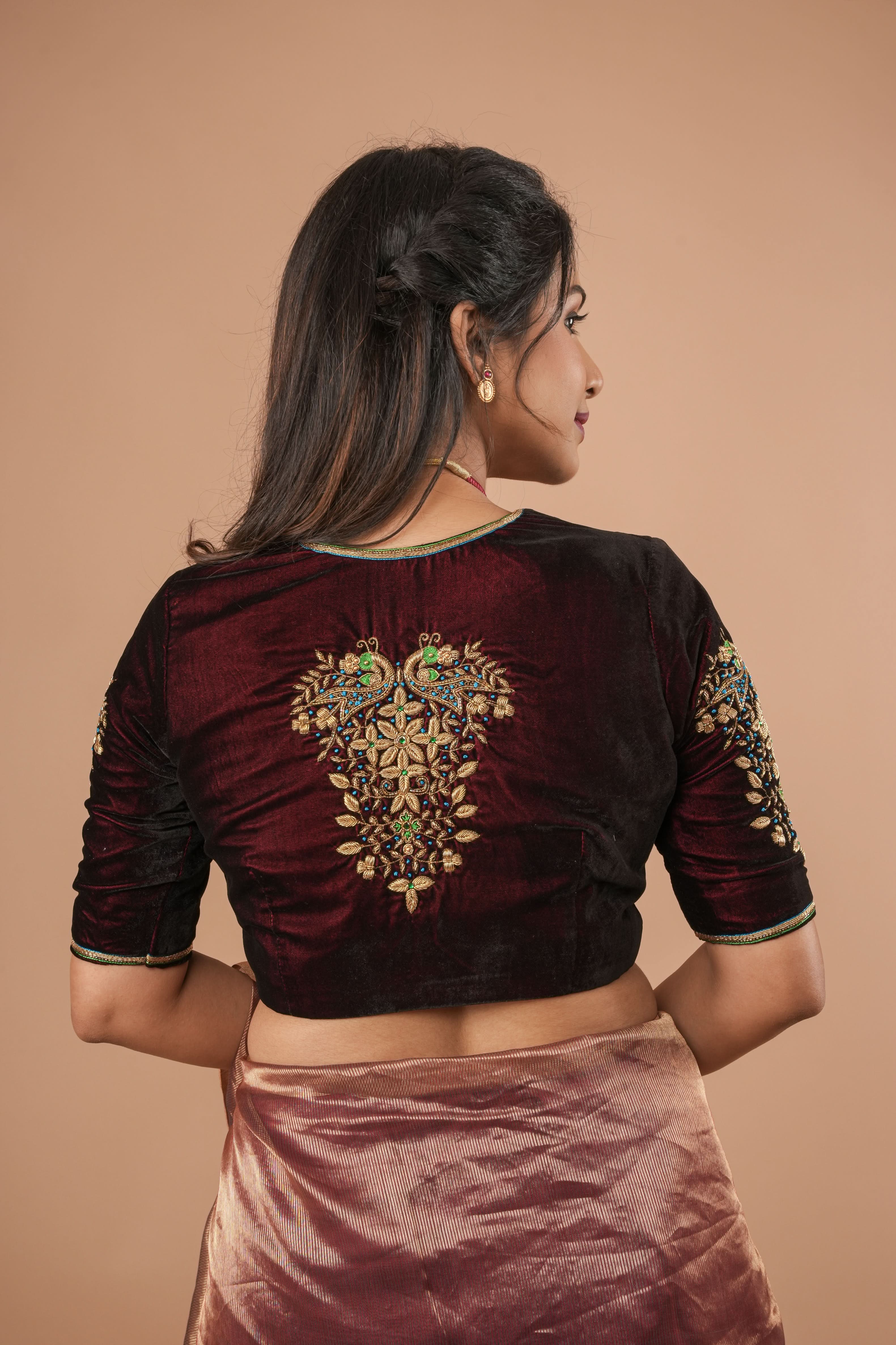Maroon Velvet Blouse with Zardosi Work, Mix and Match Blouse for saree, Made to Order | SHOBITAM