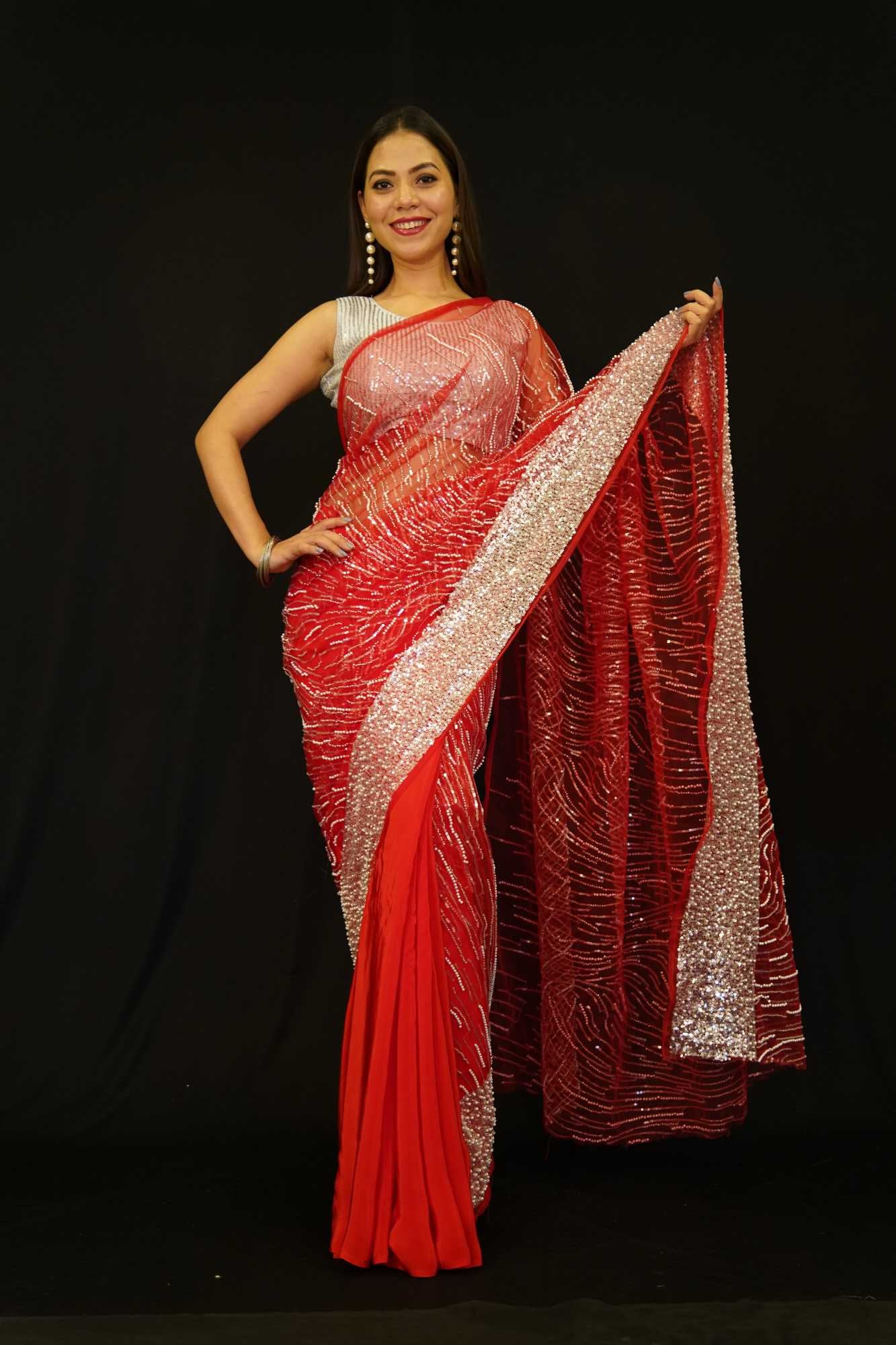Gorgeous Half and Half Net Embellished With Moti Cutdana & Sequence Work Pallu Pre Pleated Saree