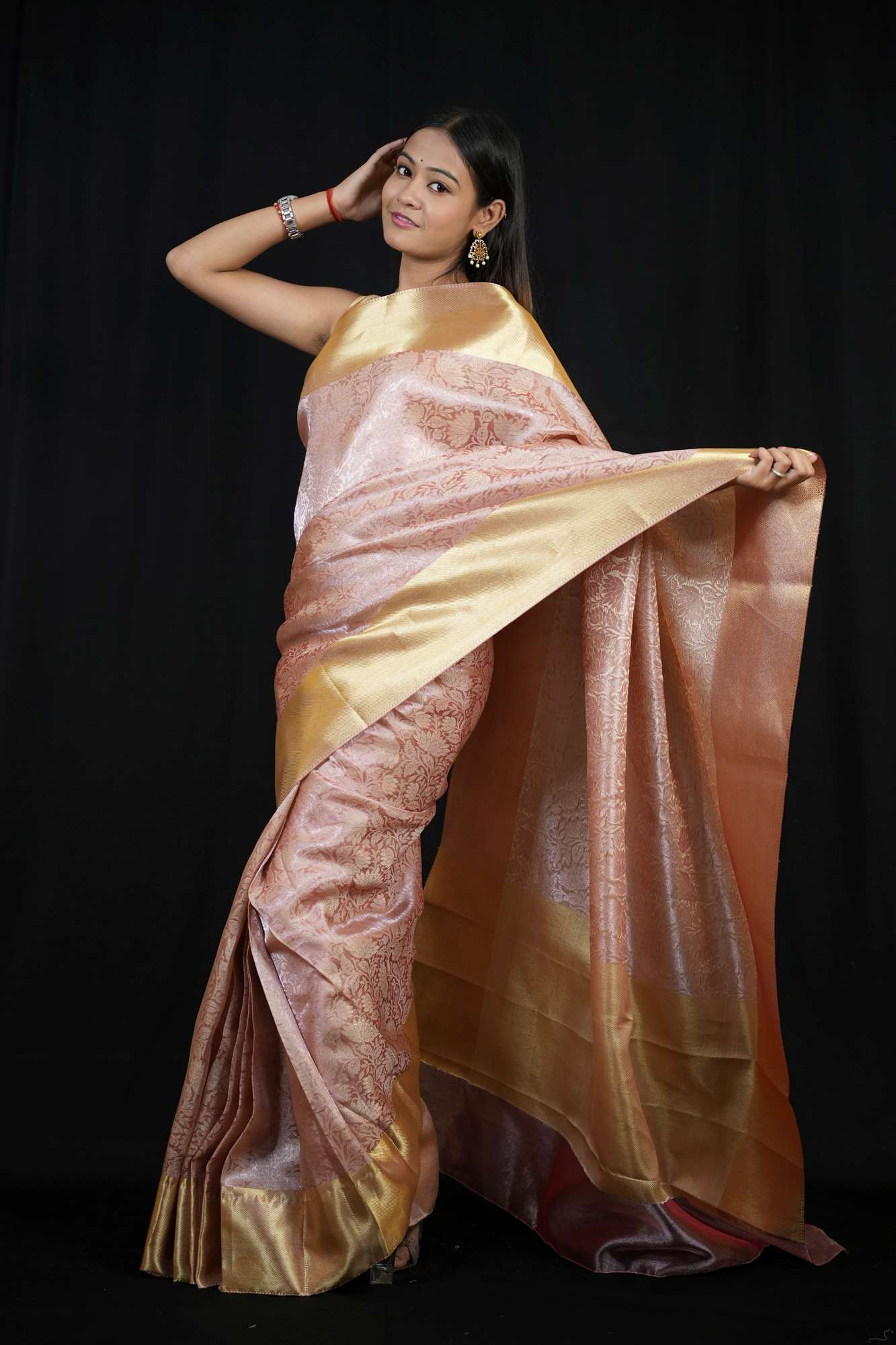 Banarasi ready to wear saree with ornate pallu and zari woven border