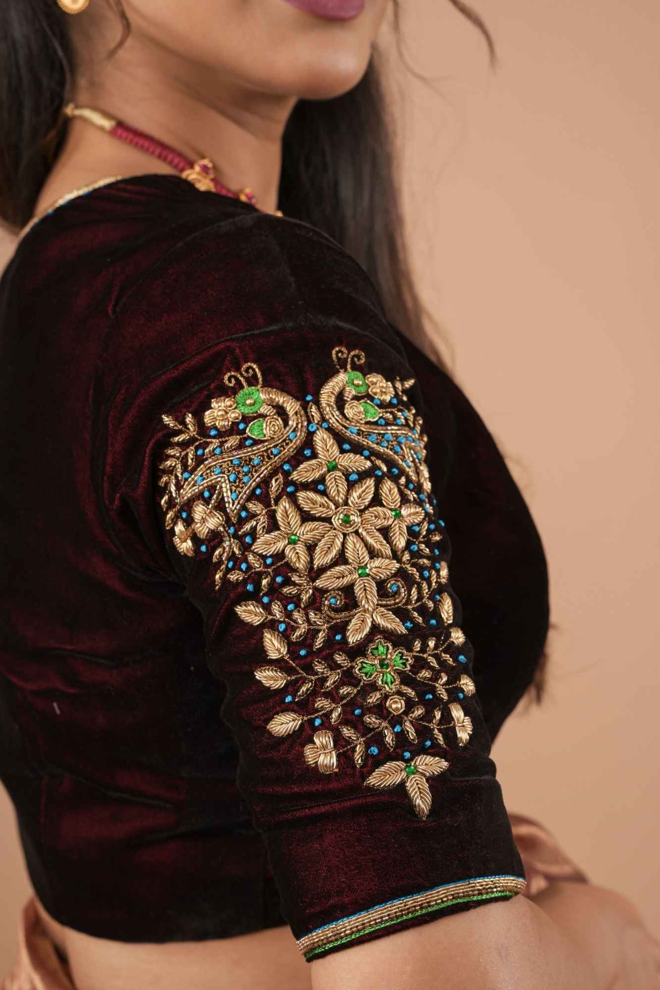 Maroon Velvet Blouse with Zardosi Work, Mix and Match Blouse for saree, Made to Order