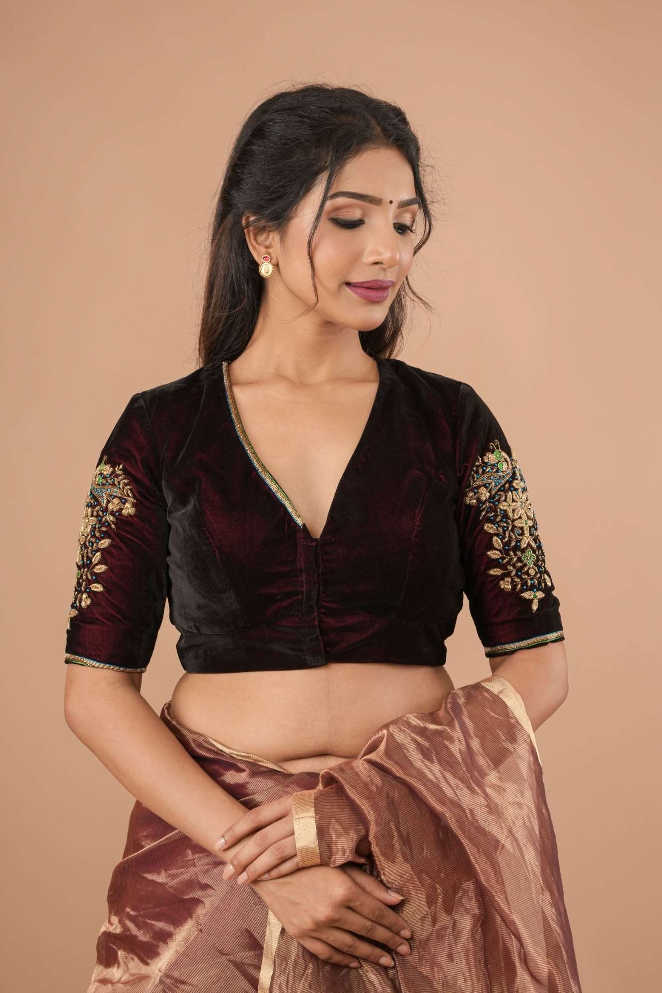 Maroon Velvet Blouse with Zardosi Work, Mix and Match Blouse for saree, Made to Order