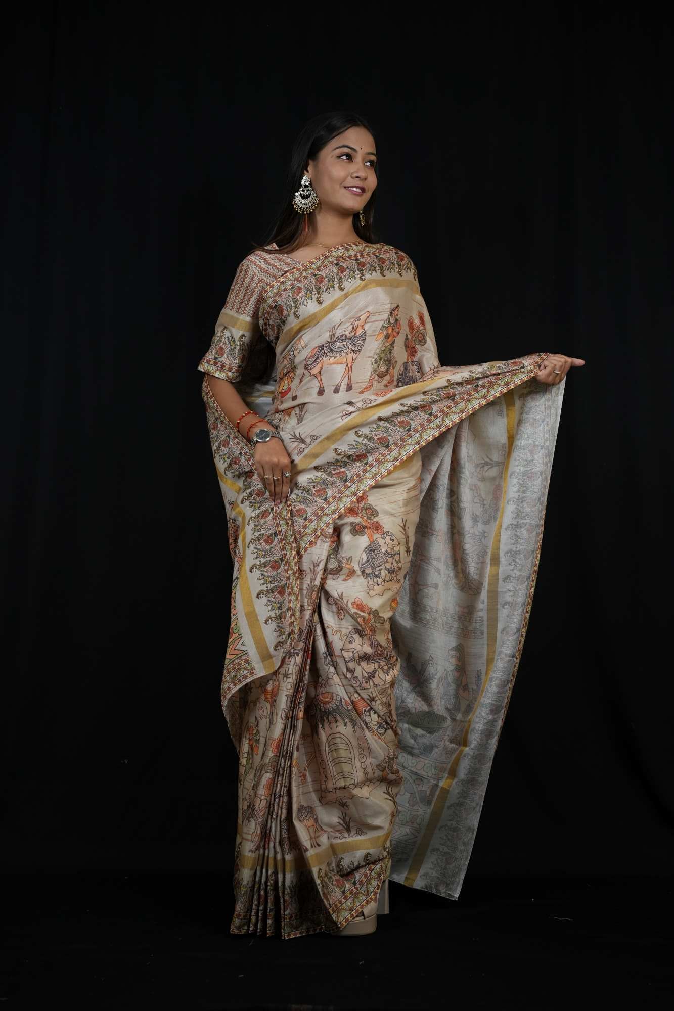 Cotton silk light weight Madhubani Pichwai Artwork Printed Ready To Wear Saree