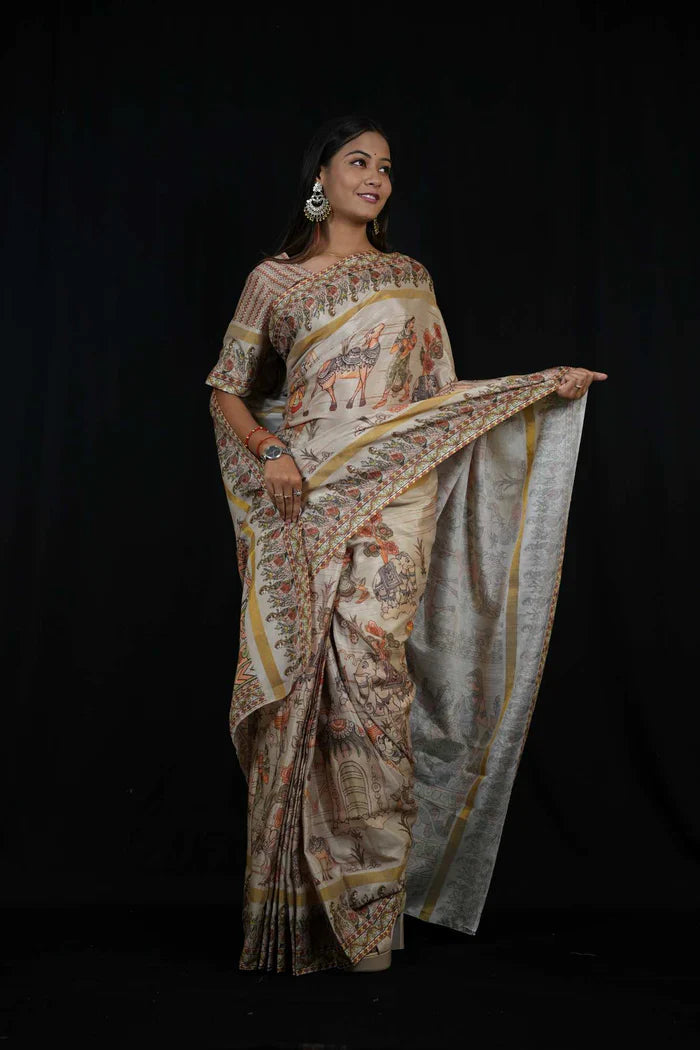 Cotton silk light weight Madhubani Pichwai Artwork Printed Ready To Wear Saree