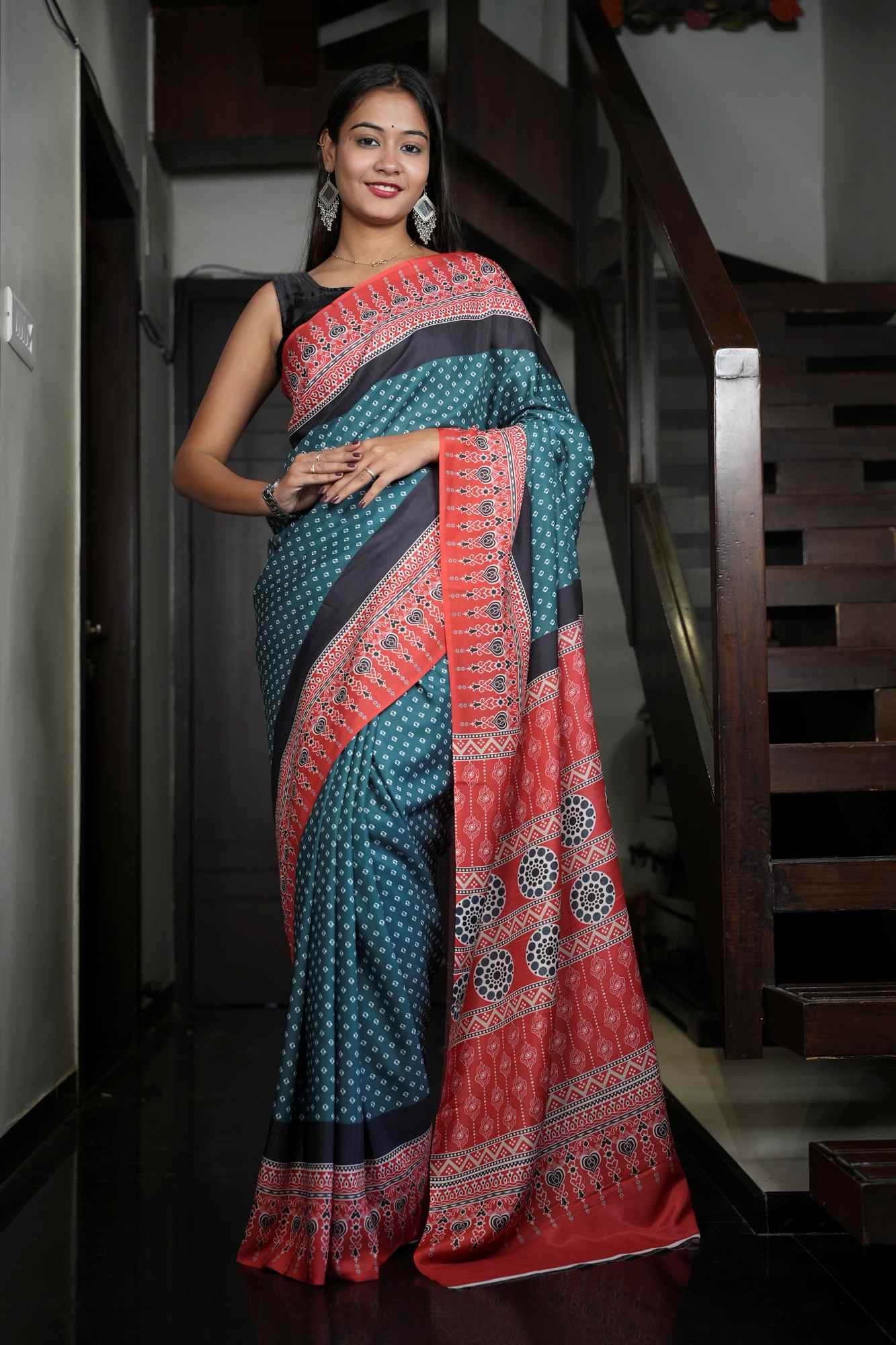 MUSLIN INSPIRED SILK WITH AJRAKH PRINT READY TO WEAR SAREE