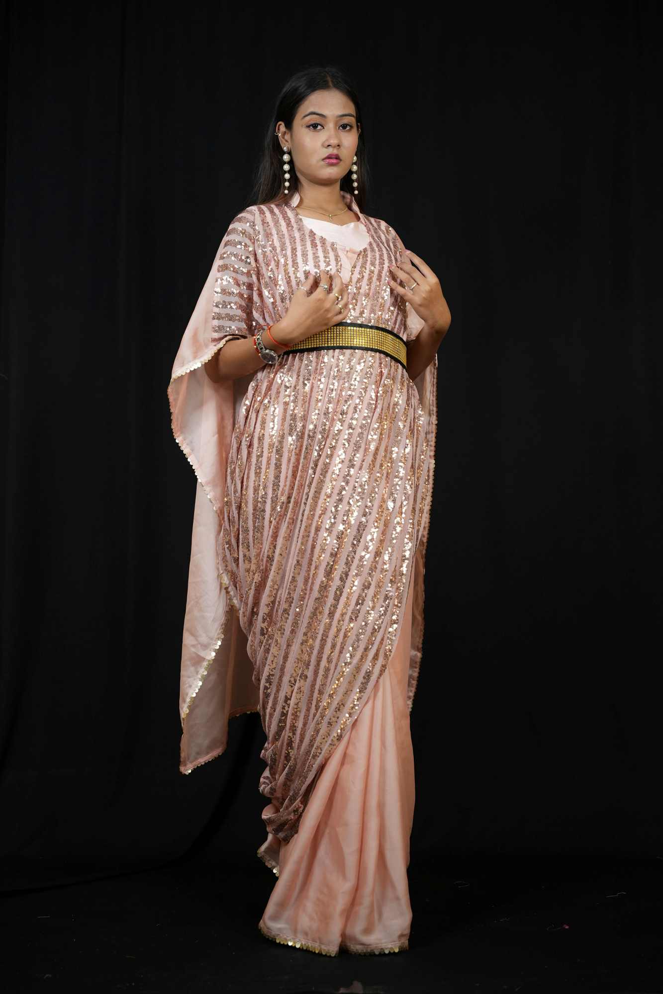 Satin Kaftan with Sequin Overlay and Statement Belt Ready To Wear Saree