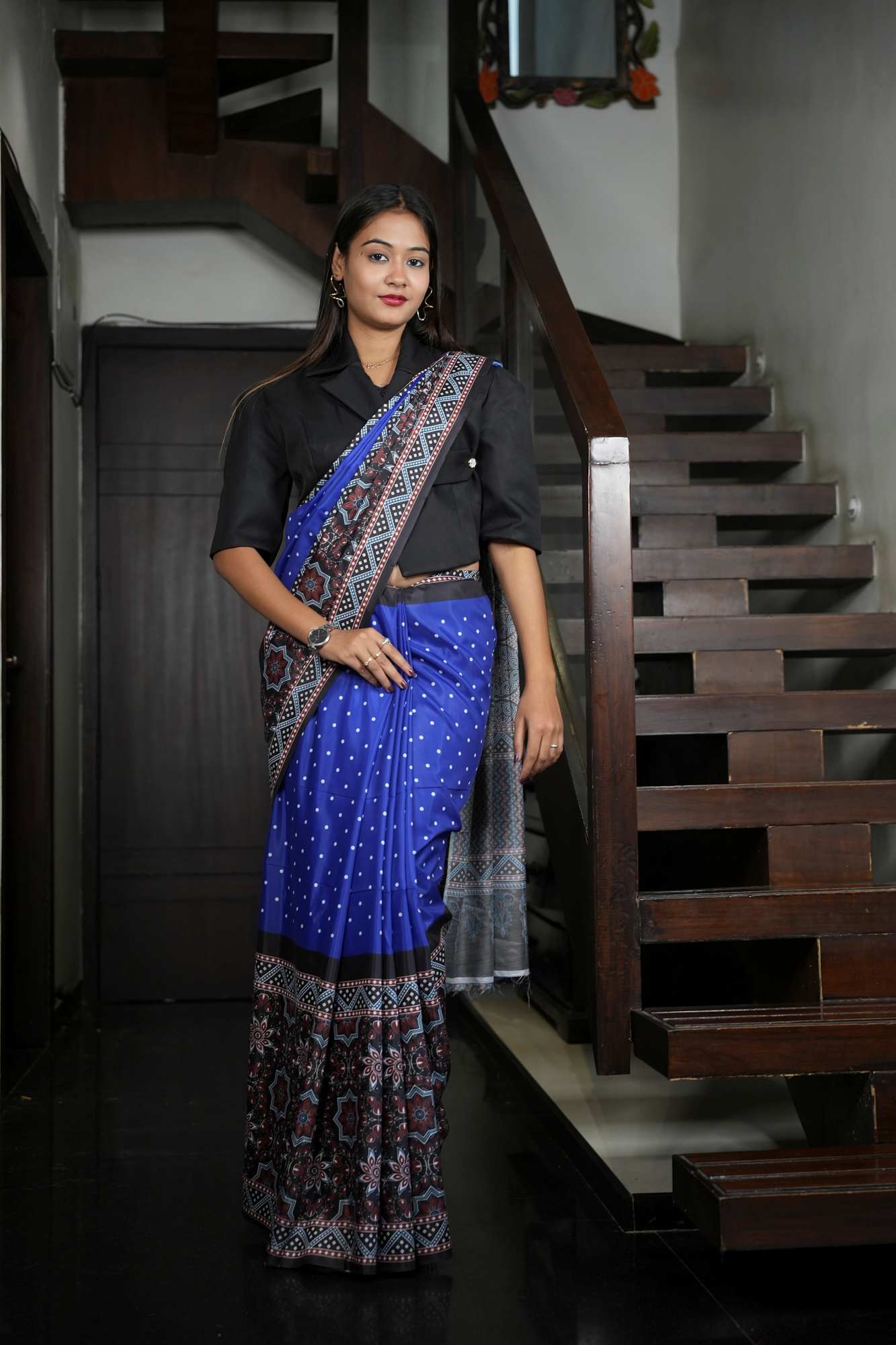 Muslin inspired ajrakh printed prestitched sare