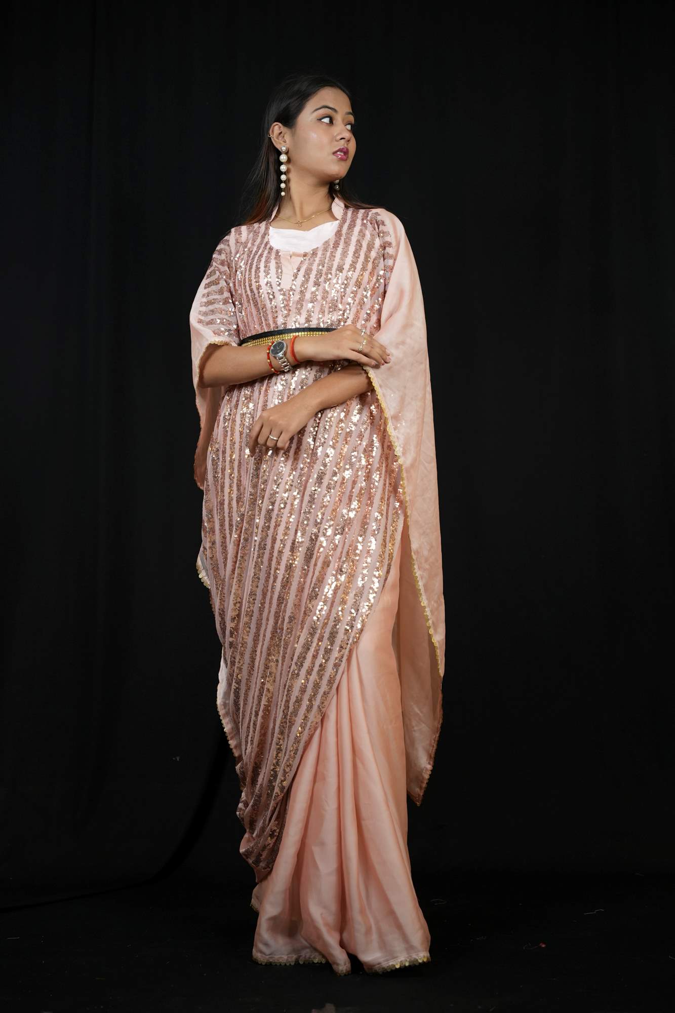 Satin Kaftan with Sequin Overlay and Statement Belt Ready To Wear Saree