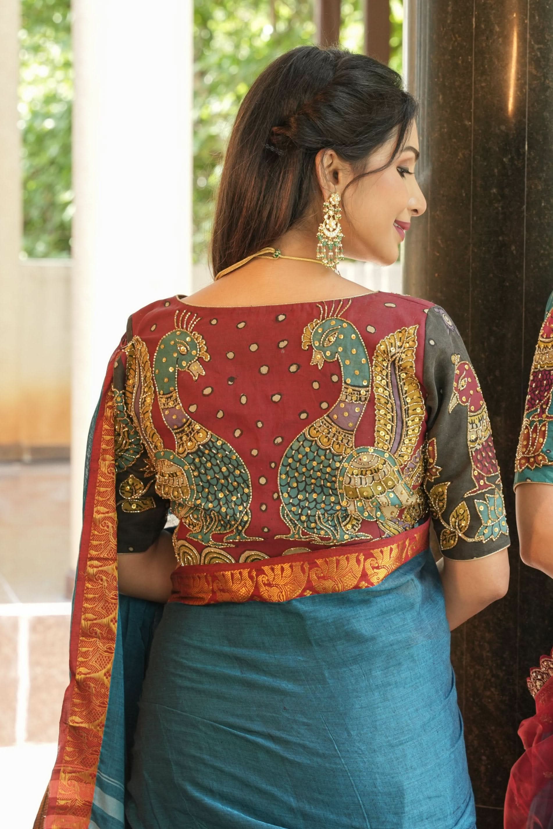 Maroon and Black Kalamkari Embroidery Blouse with Cutdana Work Detailings | Shobitam