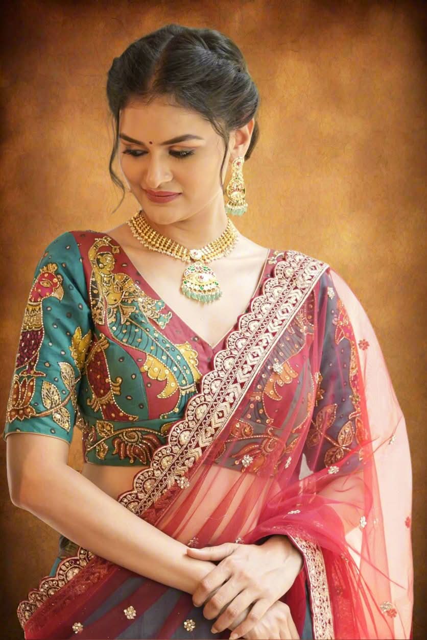 Pen Kalamkari And Cutdana Handwork Blouse in Blue and Red, Made to Order | Shobitam