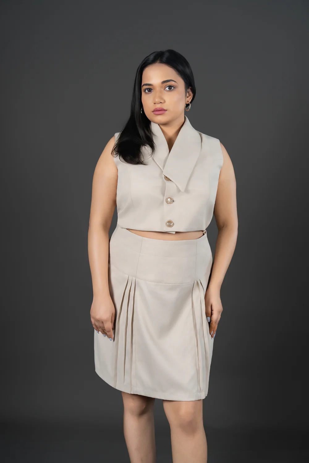 Cropped Waistcoat Paired With a Tailored Skirt Beige Set
