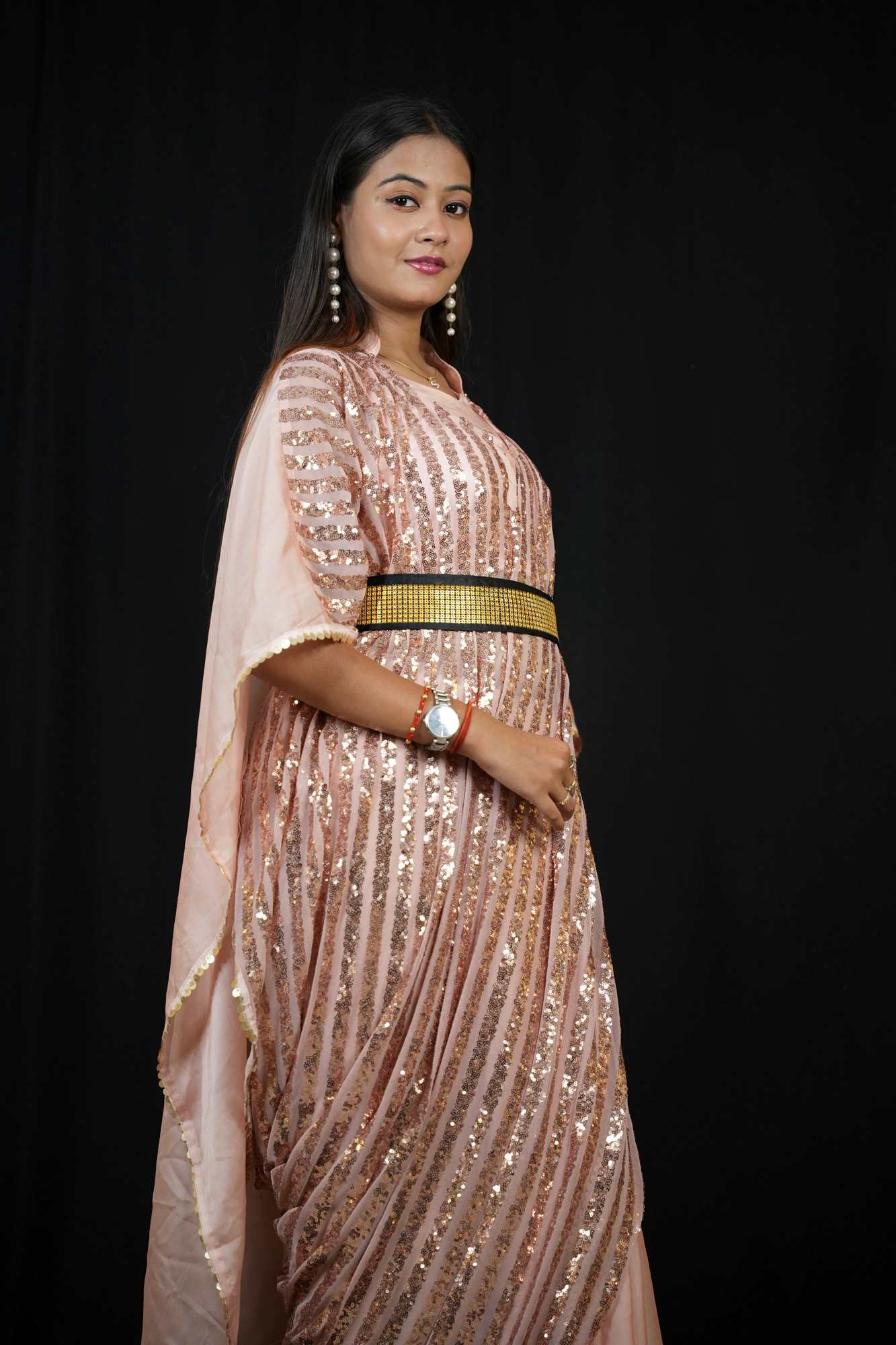 Satin Kaftan with Sequin Overlay and Statement Belt Ready To Wear Saree