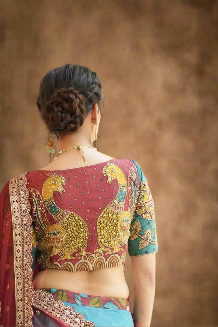 Pen Kalamkari And Cutdana Handwork Blouse in Blue and Red, Made to Order | Shobitam