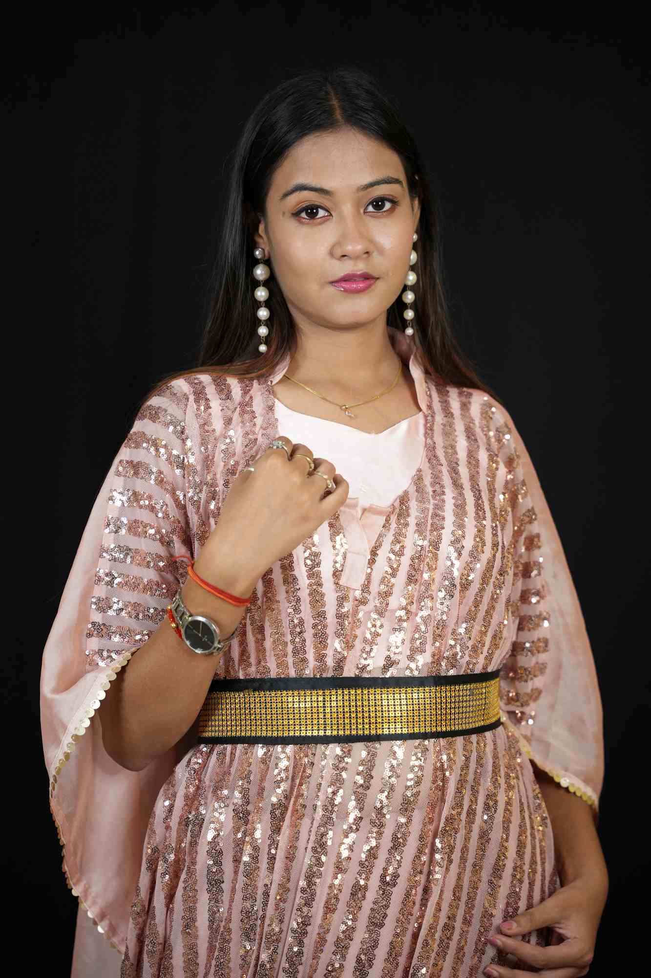 Satin Kaftan with Sequin Overlay and Statement Belt Ready To Wear Saree