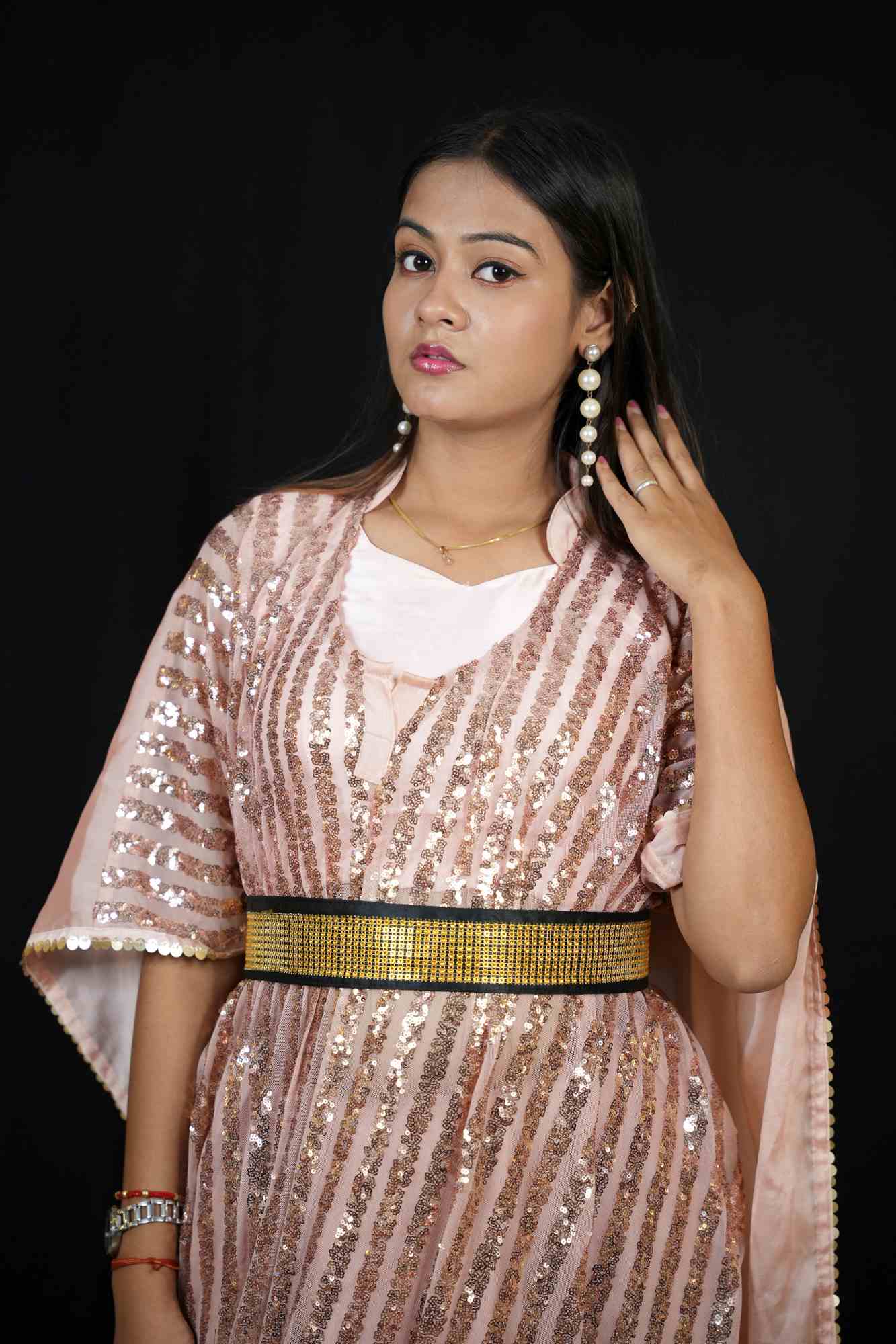Satin Kaftan with Sequin Overlay and Statement Belt Ready To Wear Saree