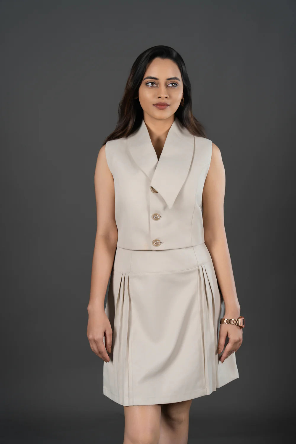 Cropped Waistcoat Paired With a Tailored Skirt Beige Set