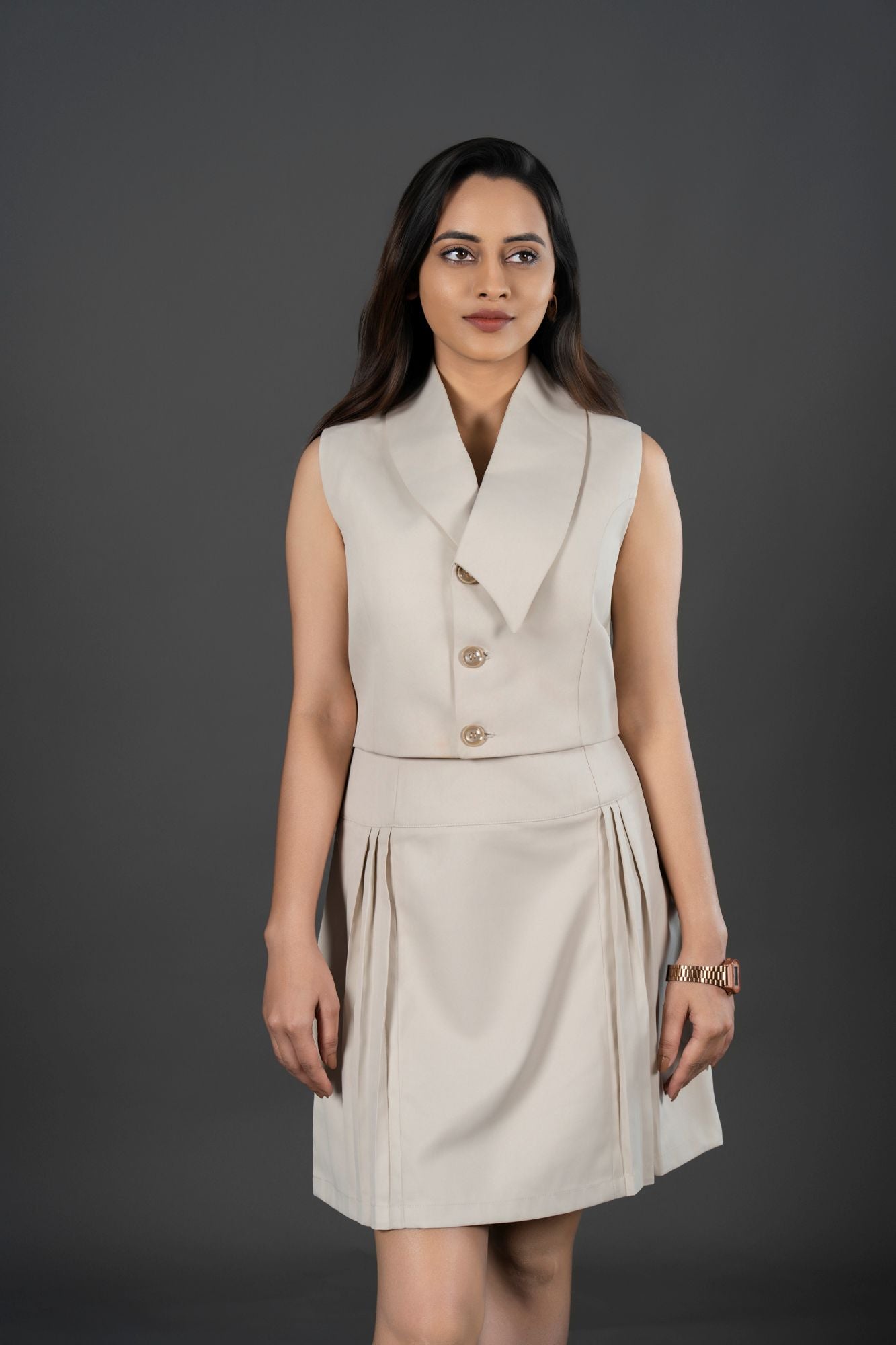 Cropped Waistcoat Paired With a Tailored Skirt Beige Set