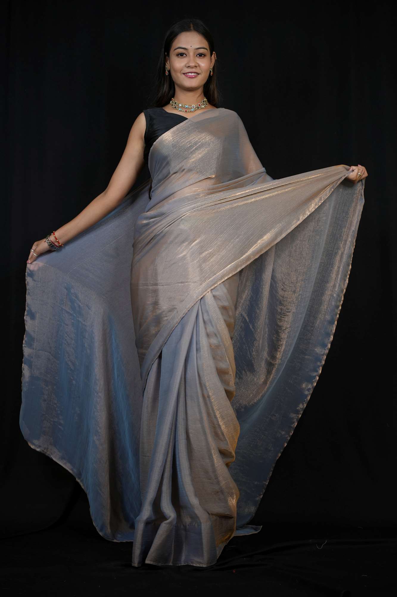 Chiffon Silk Ready to Wear Saree with Glossy Body and Satin-Finish Border Ready To Wear Saree