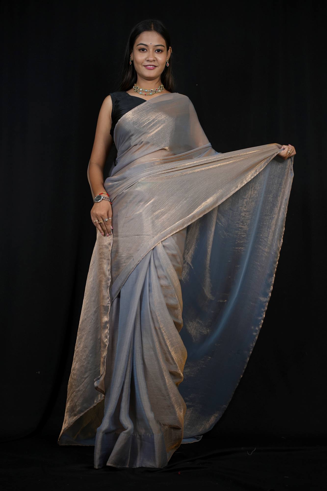 Chiffon Silk Ready to Wear Saree with Glossy Body and Satin-Finish Border Ready To Wear Saree