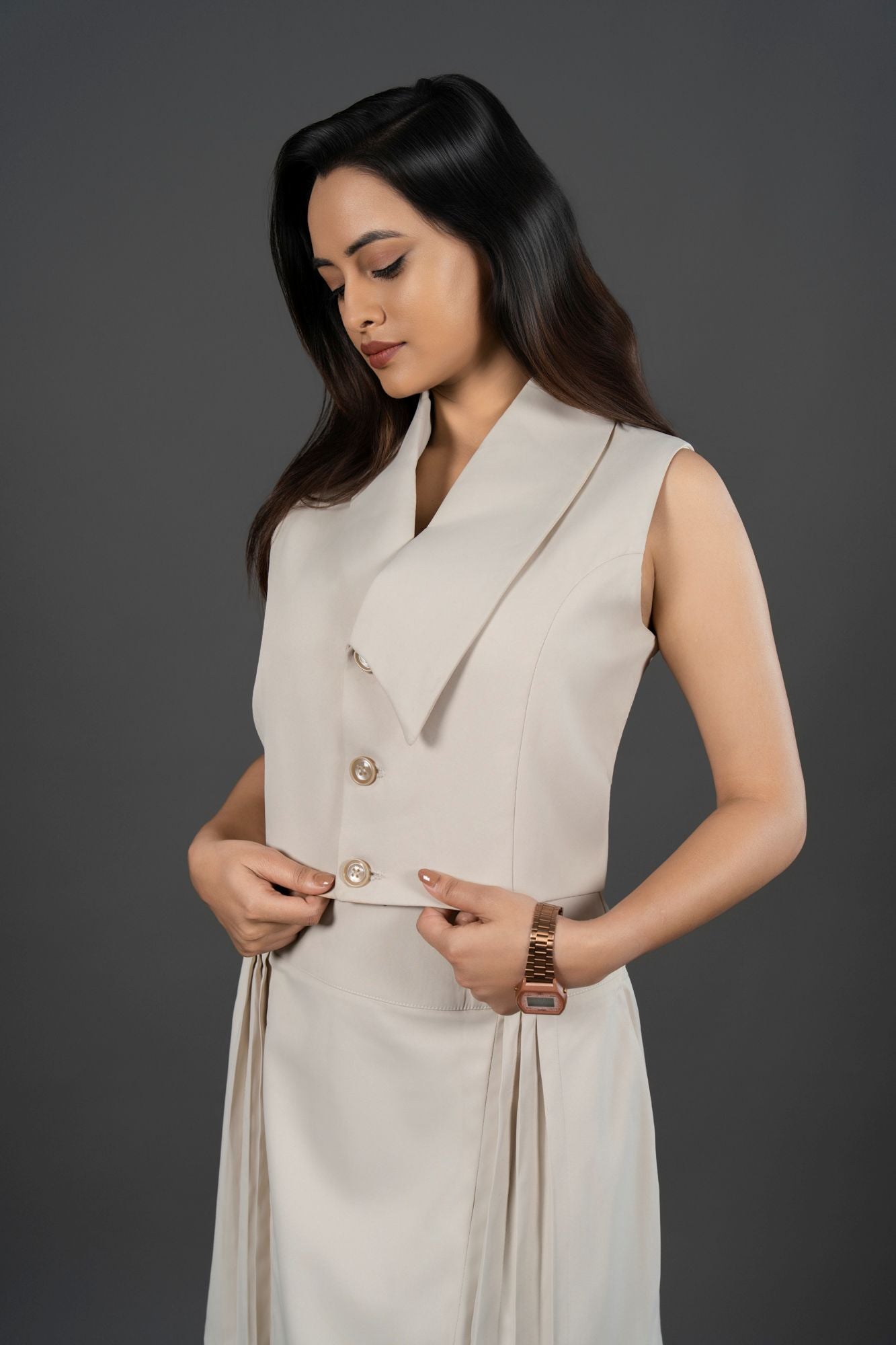 Cropped Waistcoat Paired With a Tailored Skirt Beige Set