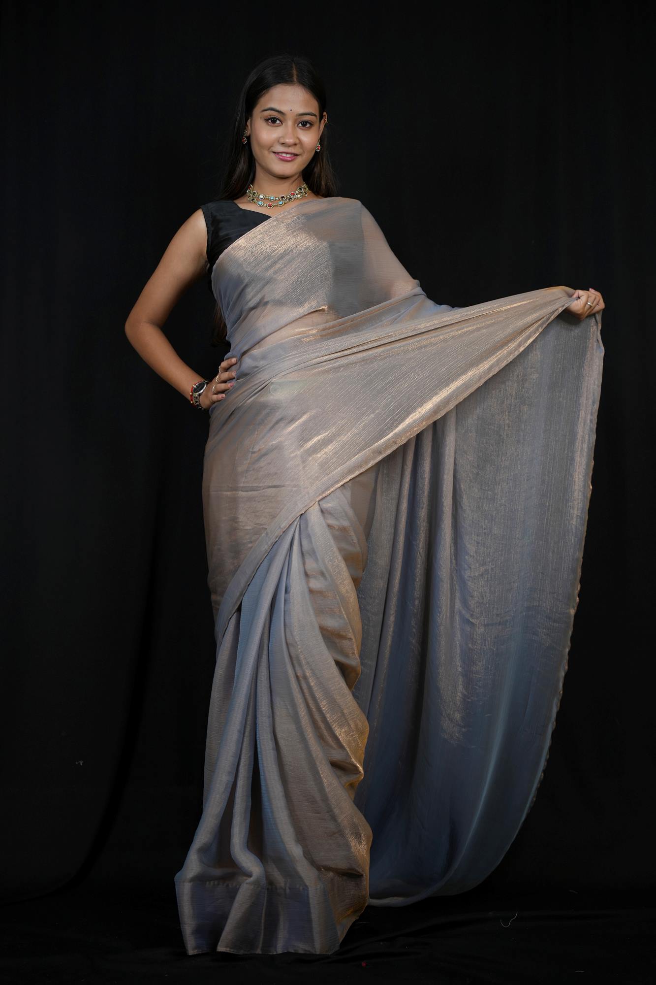 Chiffon Silk Ready to Wear Saree with Glossy Body and Satin-Finish Border Ready To Wear Saree