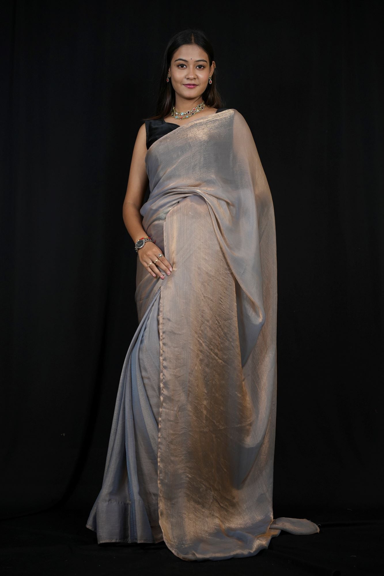 Chiffon Silk Ready to Wear Saree with Glossy Body and Satin-Finish Border Ready To Wear Saree