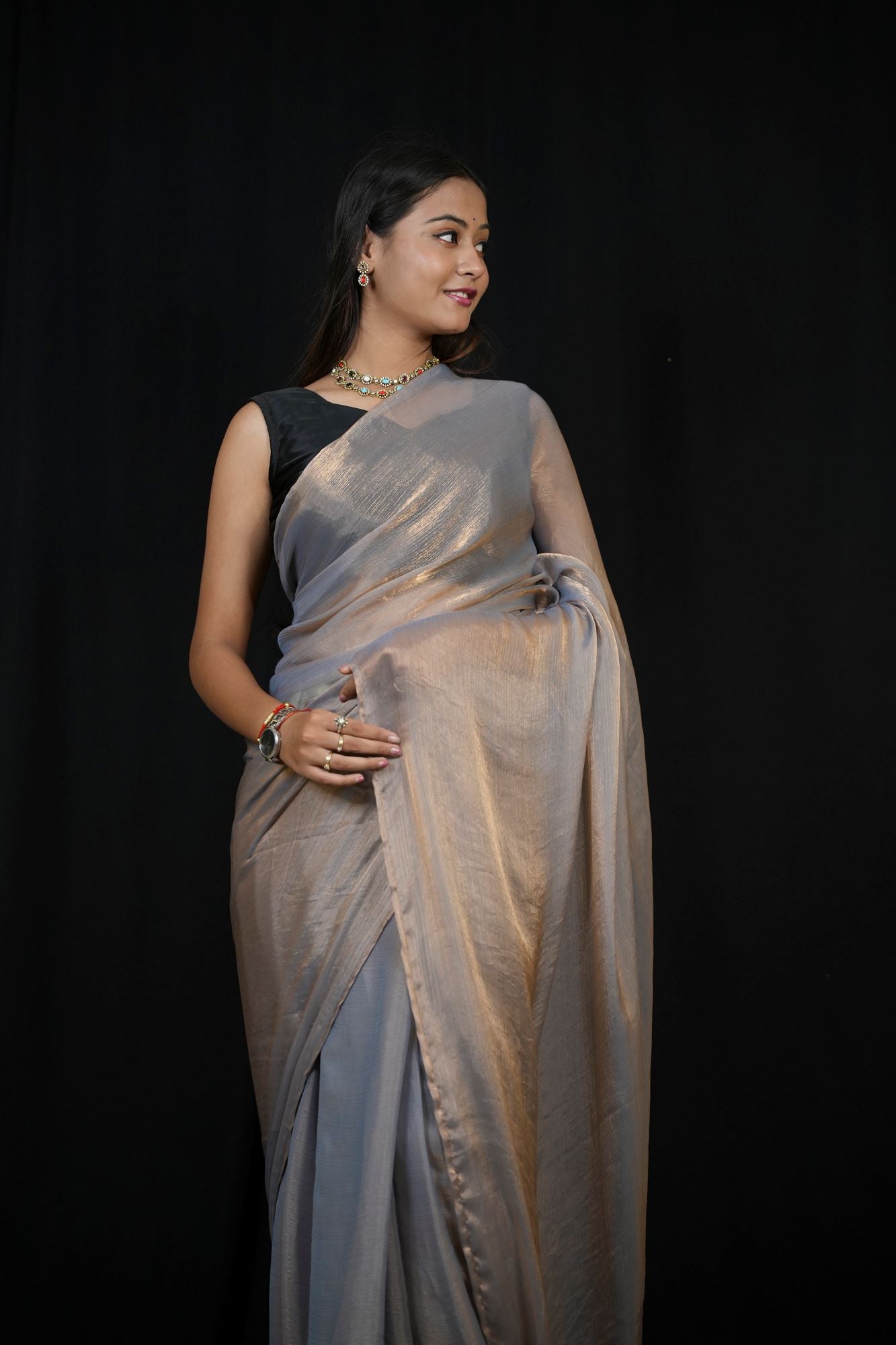 Chiffon Silk Ready to Wear Saree with Glossy Body and Satin-Finish Border Ready To Wear Saree