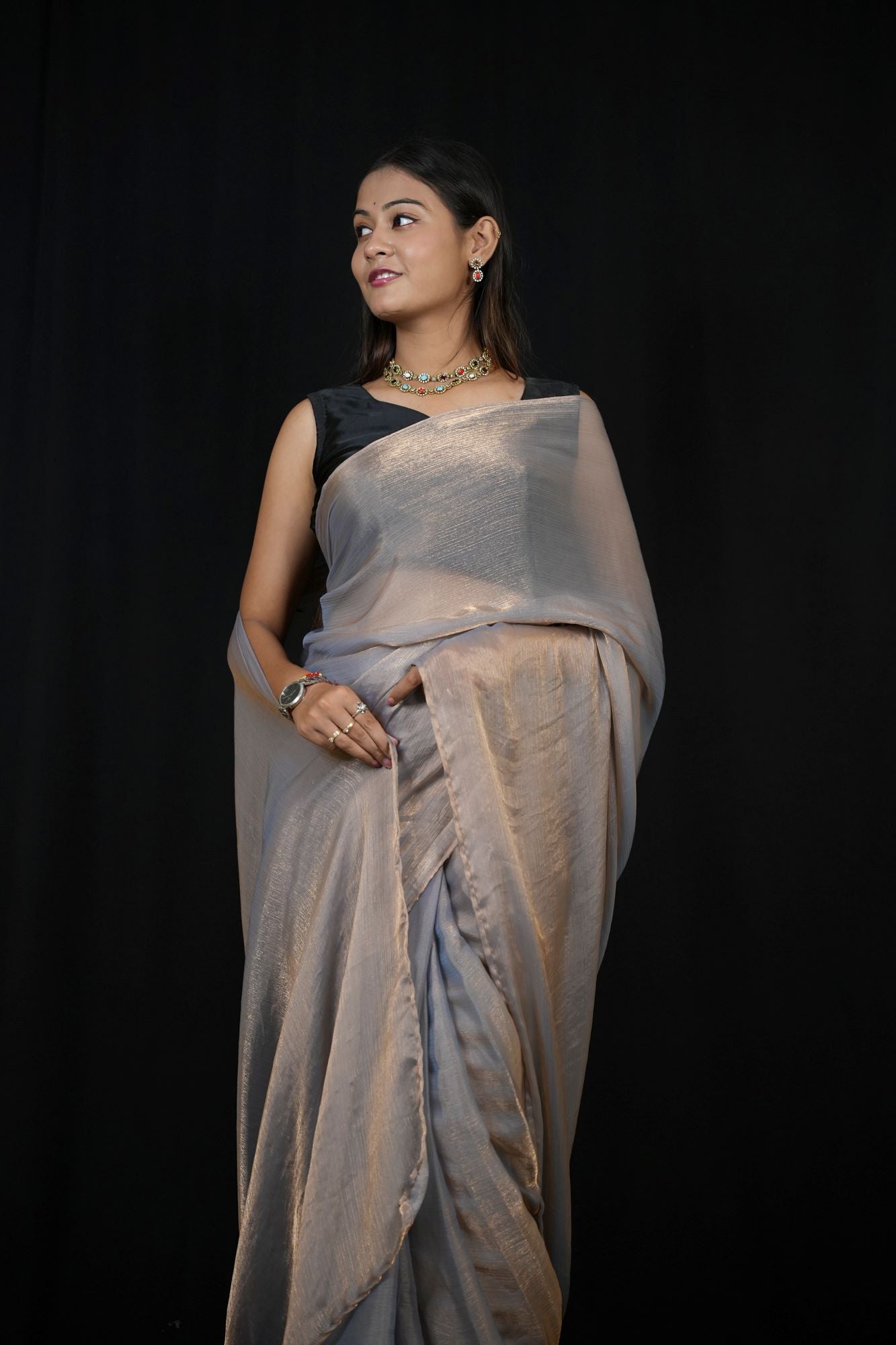 Chiffon Silk Ready to Wear Saree with Glossy Body and Satin-Finish Border Ready To Wear Saree