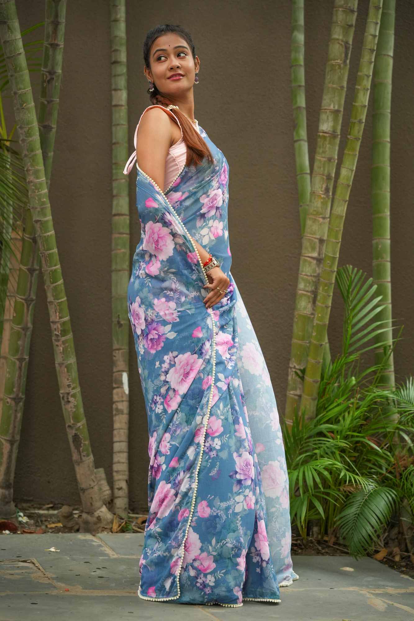 Blue Weightless Marble-Printed with Pearl Lace Border Ready To wear Saree