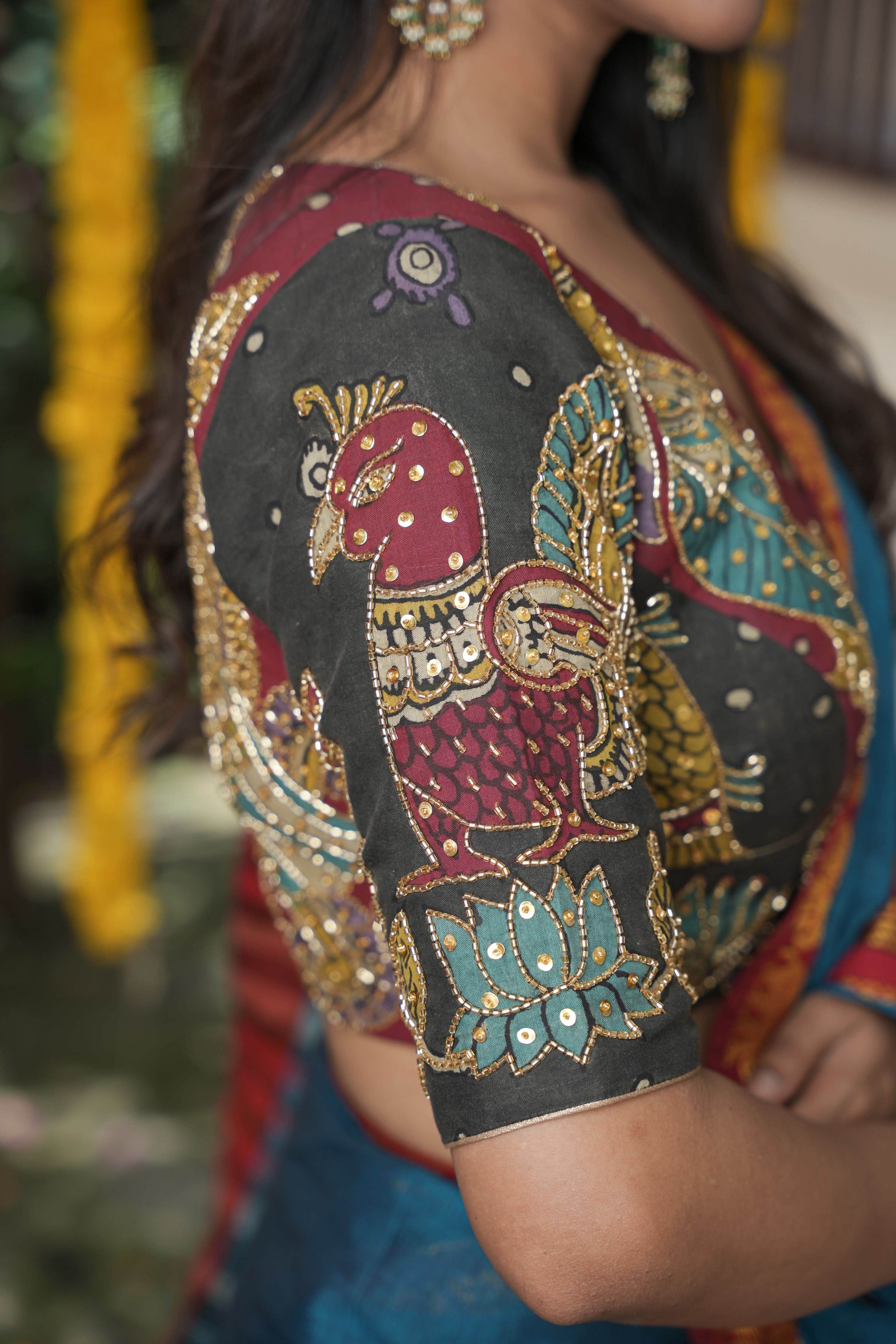 Maroon and Black Kalamkari Embroidery Blouse with Cutdana Work Detailings | Shobitam
