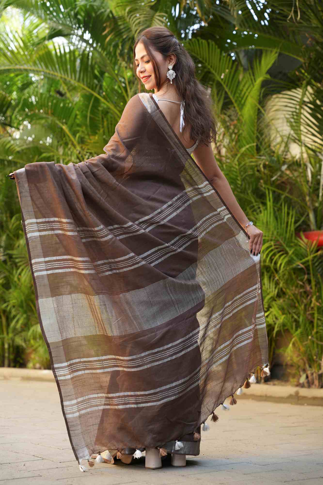 Linen Cotton with Beautiful Tassels on Pallu Ready to wear Saree
