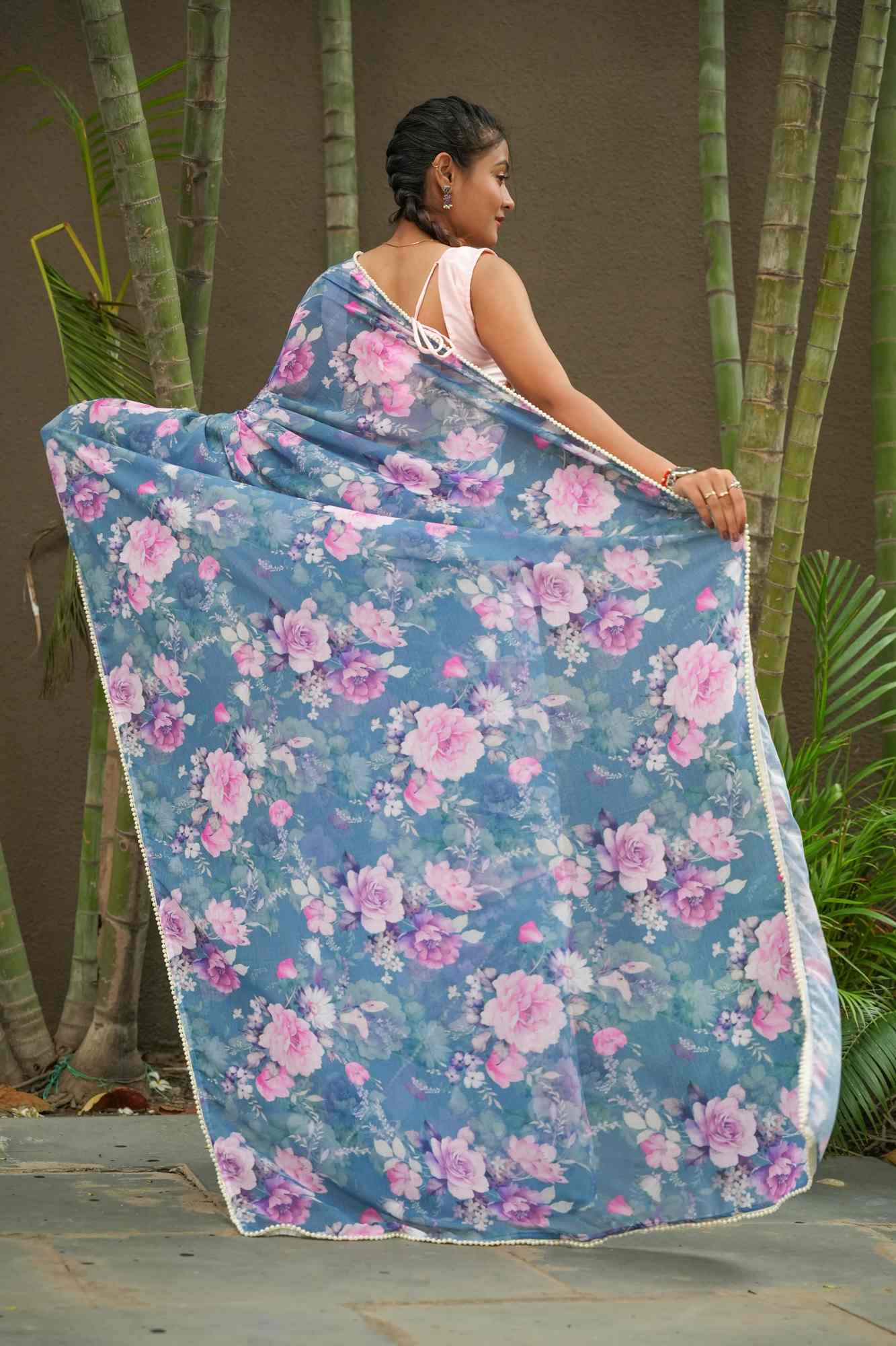 Blue Weightless Marble-Printed with Pearl Lace Border Ready To wear Saree