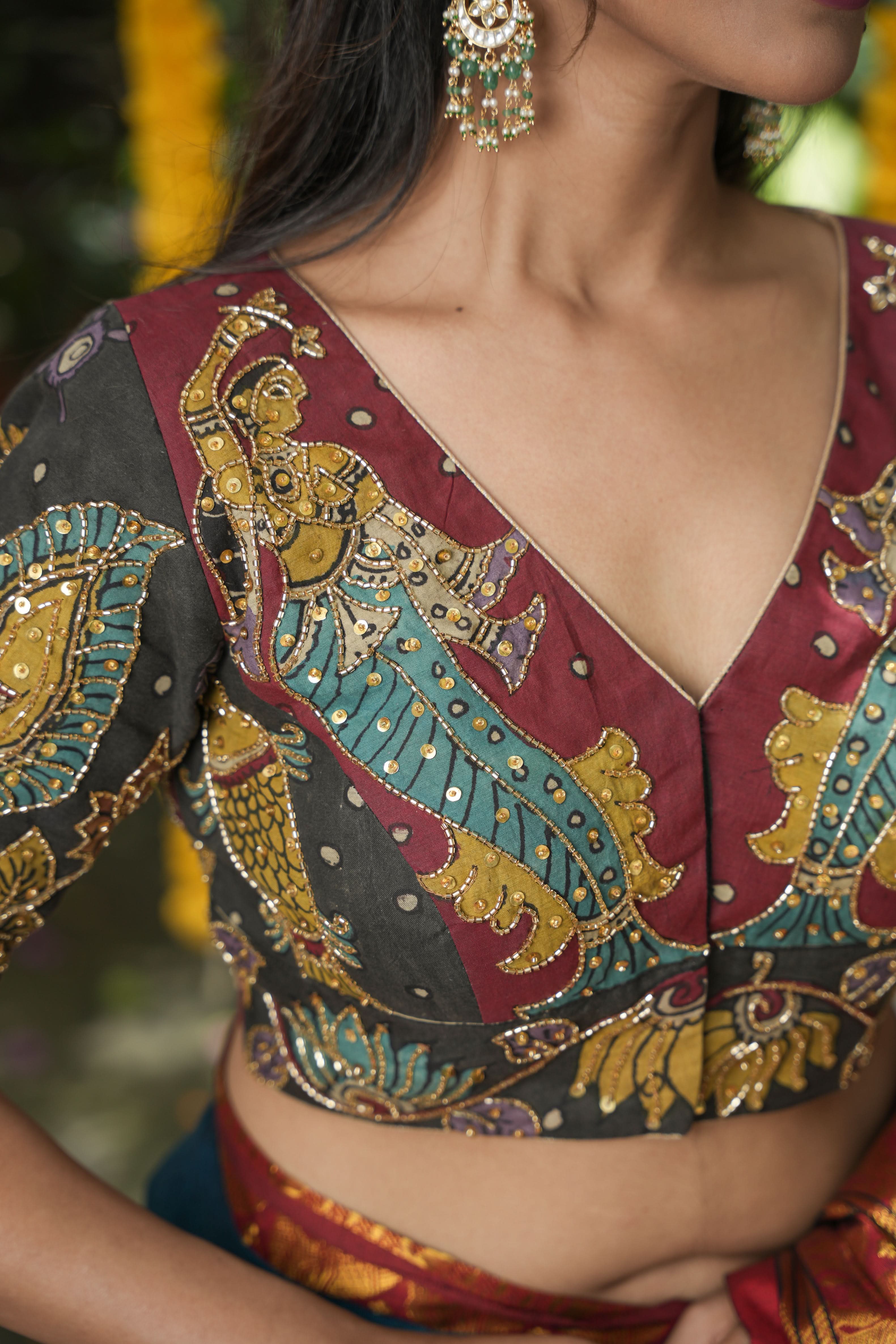 Maroon and Black Kalamkari Embroidery Blouse with Cutdana Work Detailings | SHOBITAM