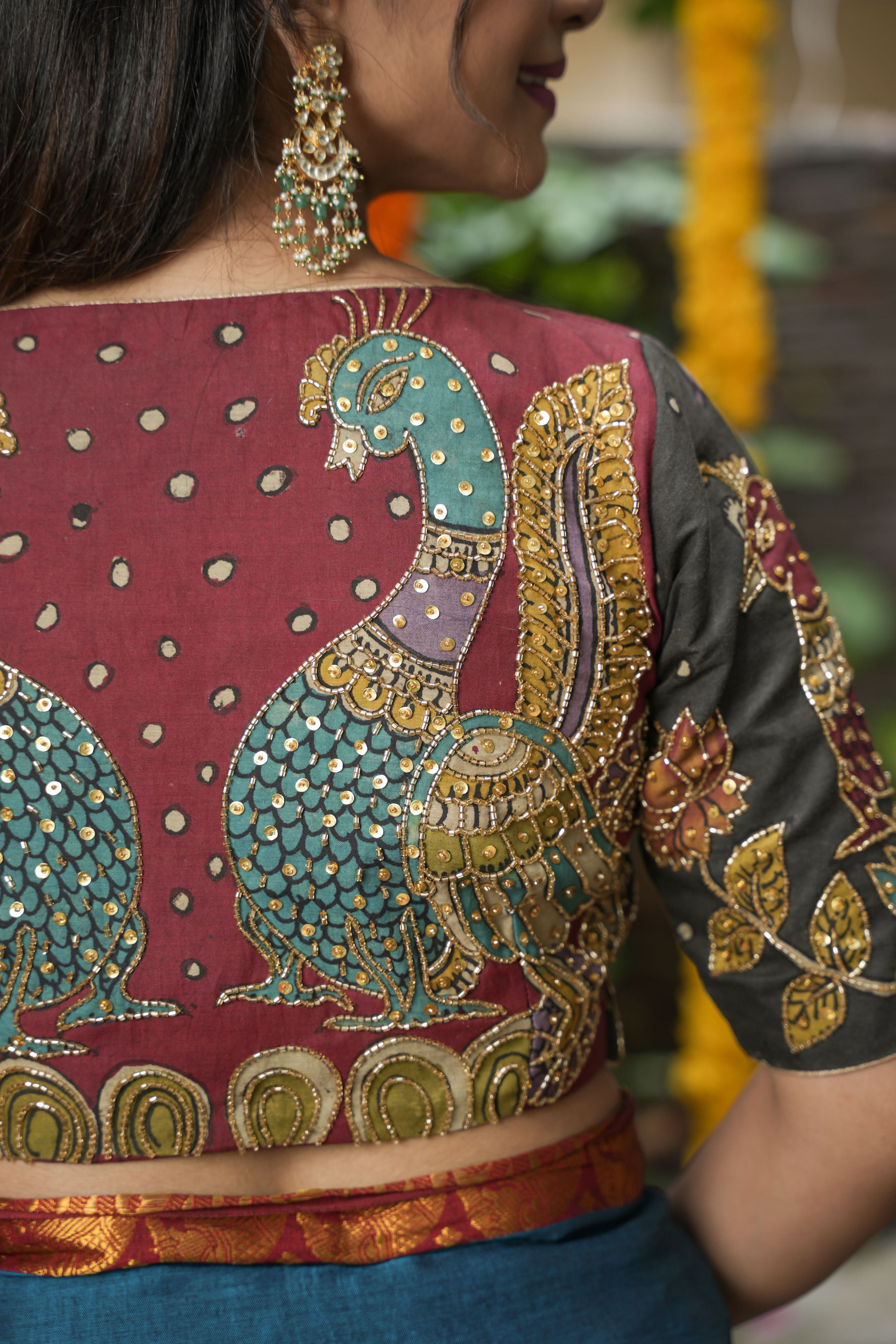 Maroon and Black Kalamkari Embroidery Blouse with Cutdana Work Detailings | Shobitam
