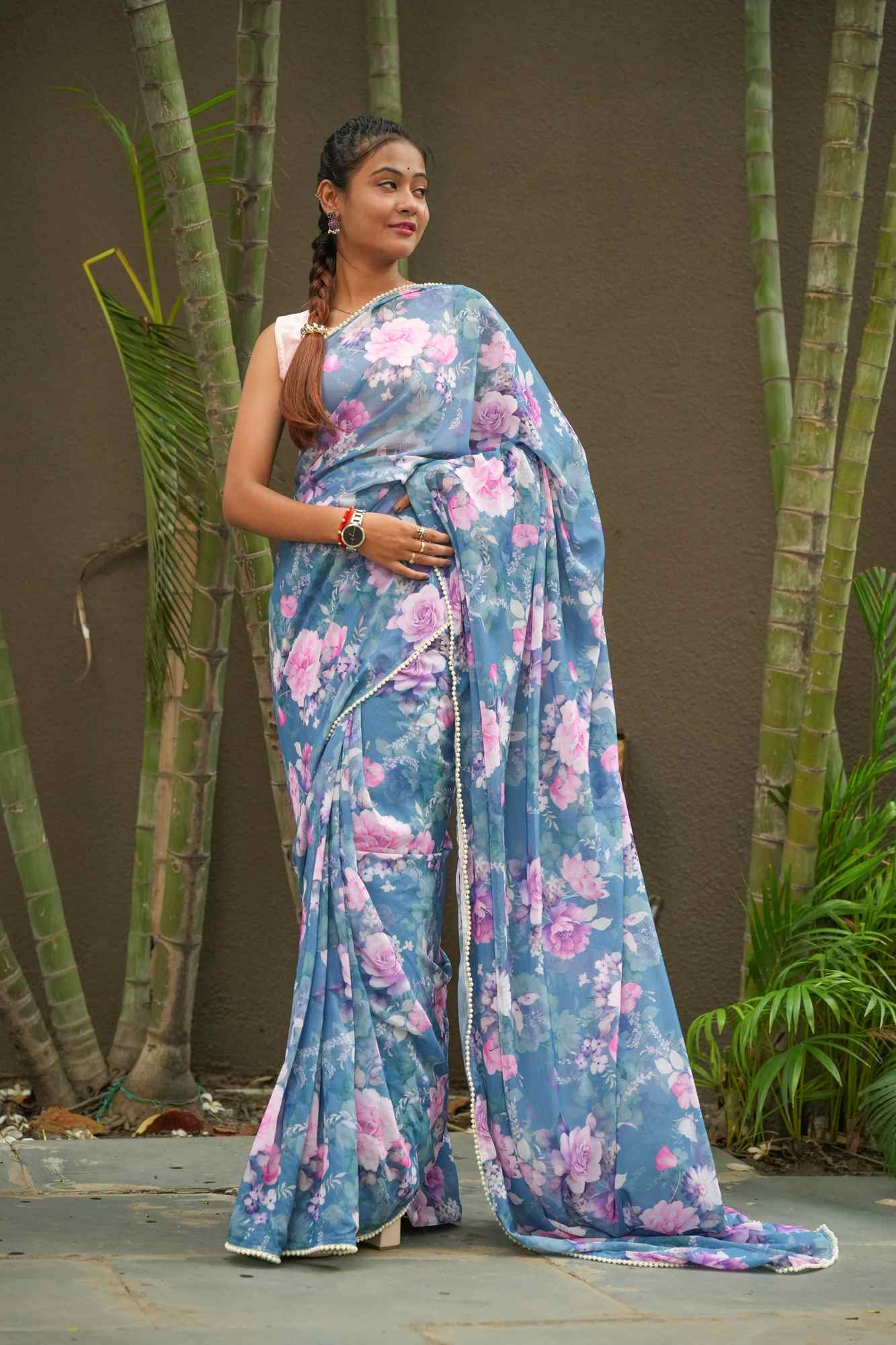 Blue Weightless Marble-Printed with Pearl Lace Border Ready To wear Saree