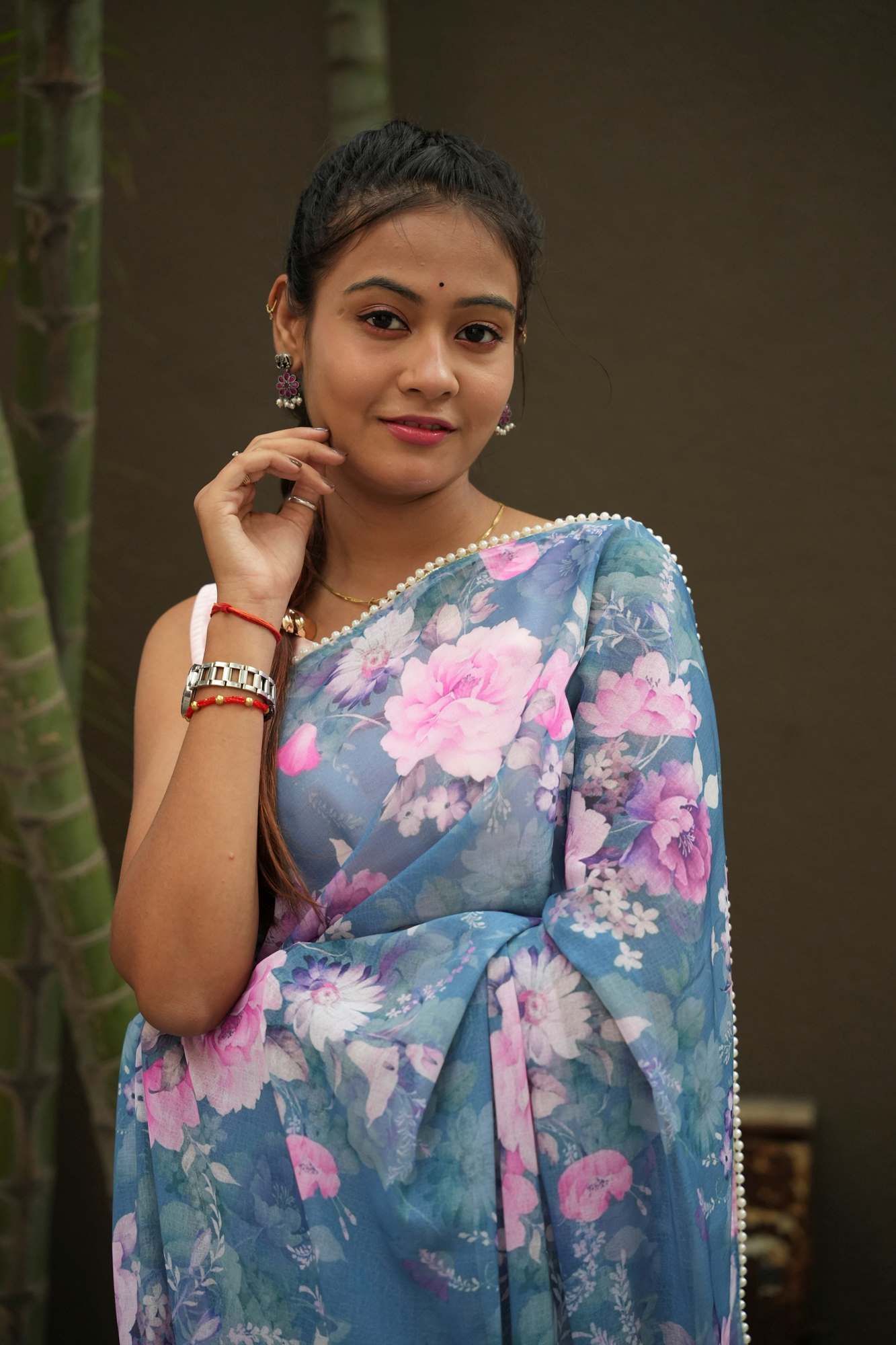 Blue Weightless Marble-Printed with Pearl Lace Border Ready To wear Saree