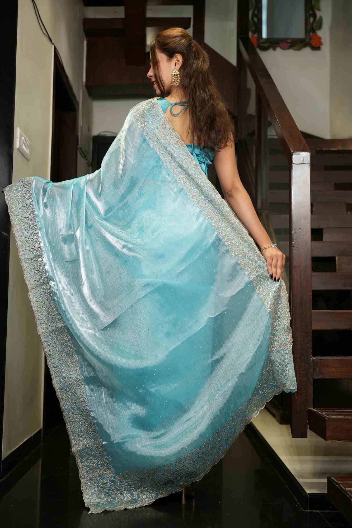 Burberri Chiffon Multithread embroidery & stone work Ready To Wear Saree