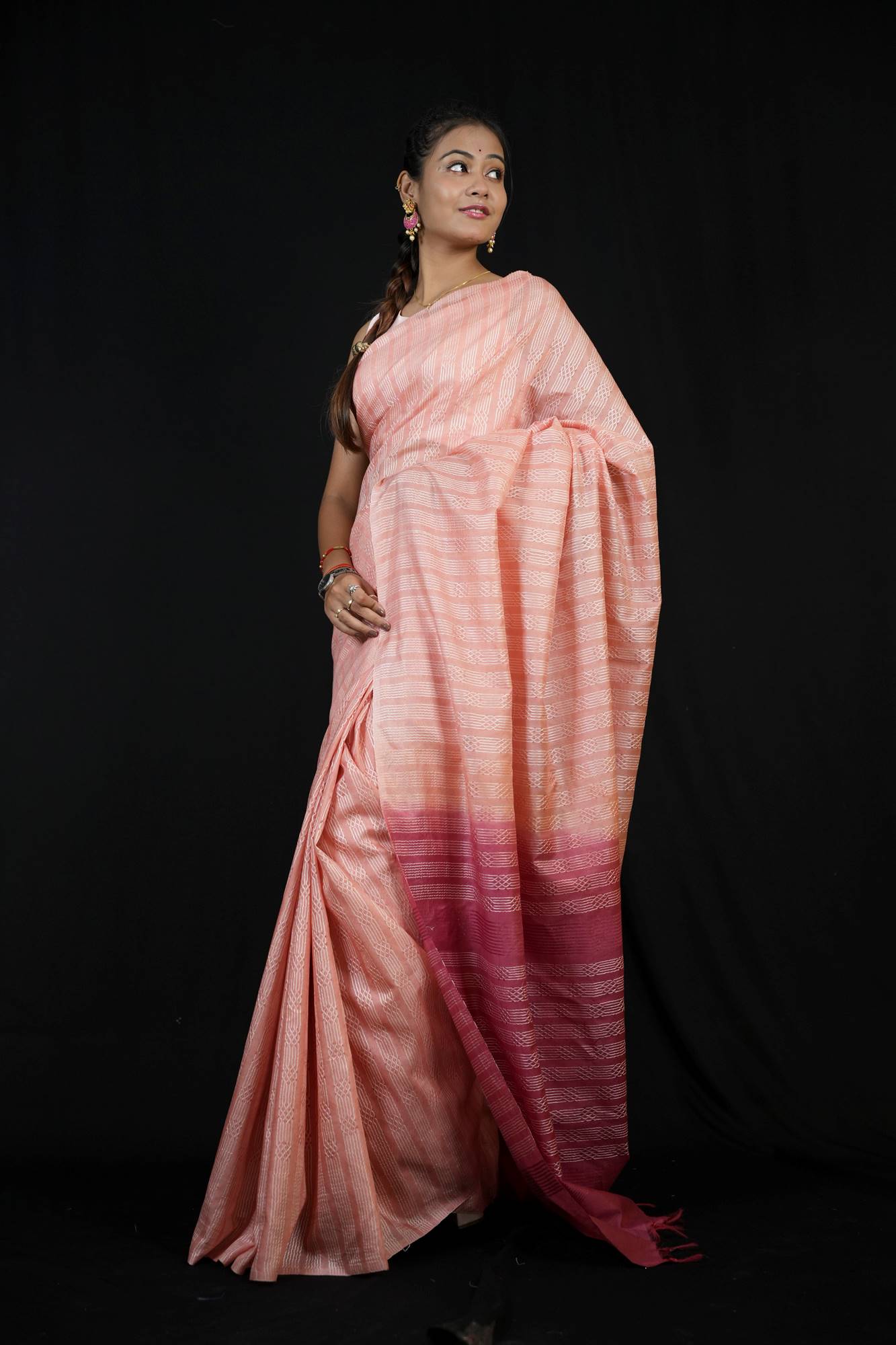 Rose Pink Kota Silk With Allover Stripe Design & Contrast Pallu Wrap in 1 minute Saree