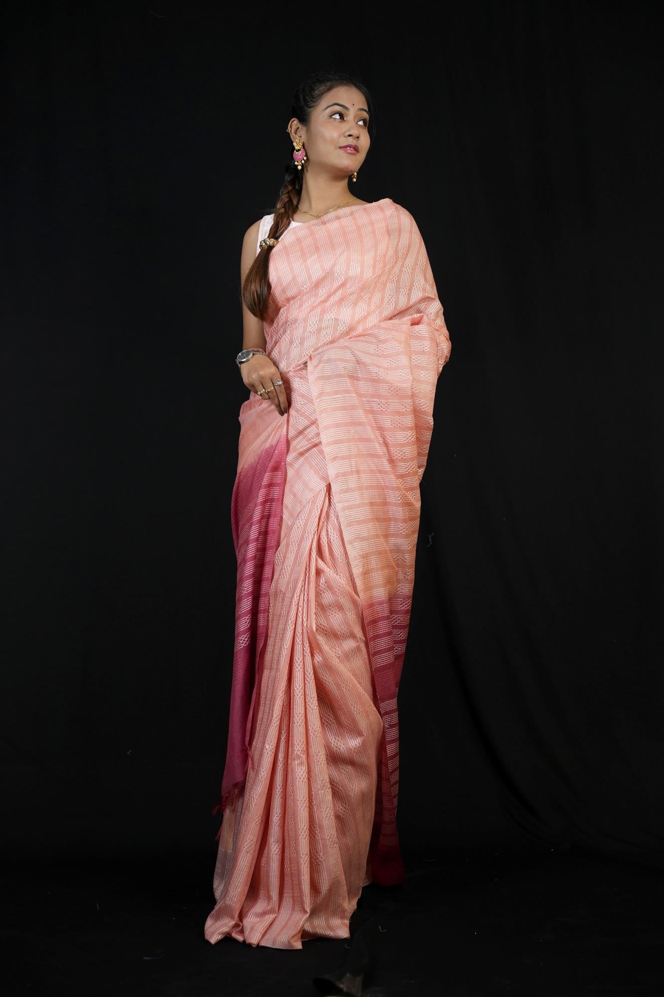 Rose Pink Kota Silk With Allover Stripe Design & Contrast Pallu Wrap in 1 minute Saree