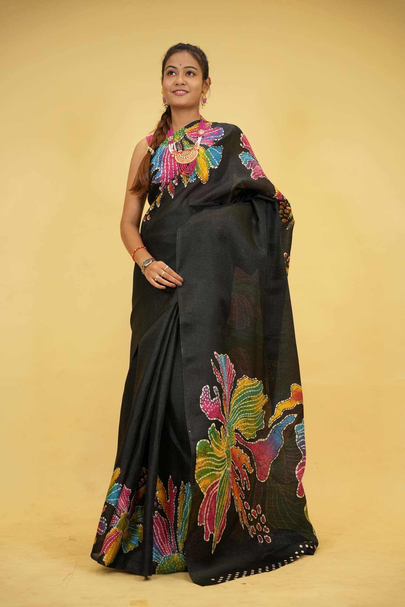 Black Cotton with Vibrant Handcrafted Batik Floral Design Ready To Wear Saree