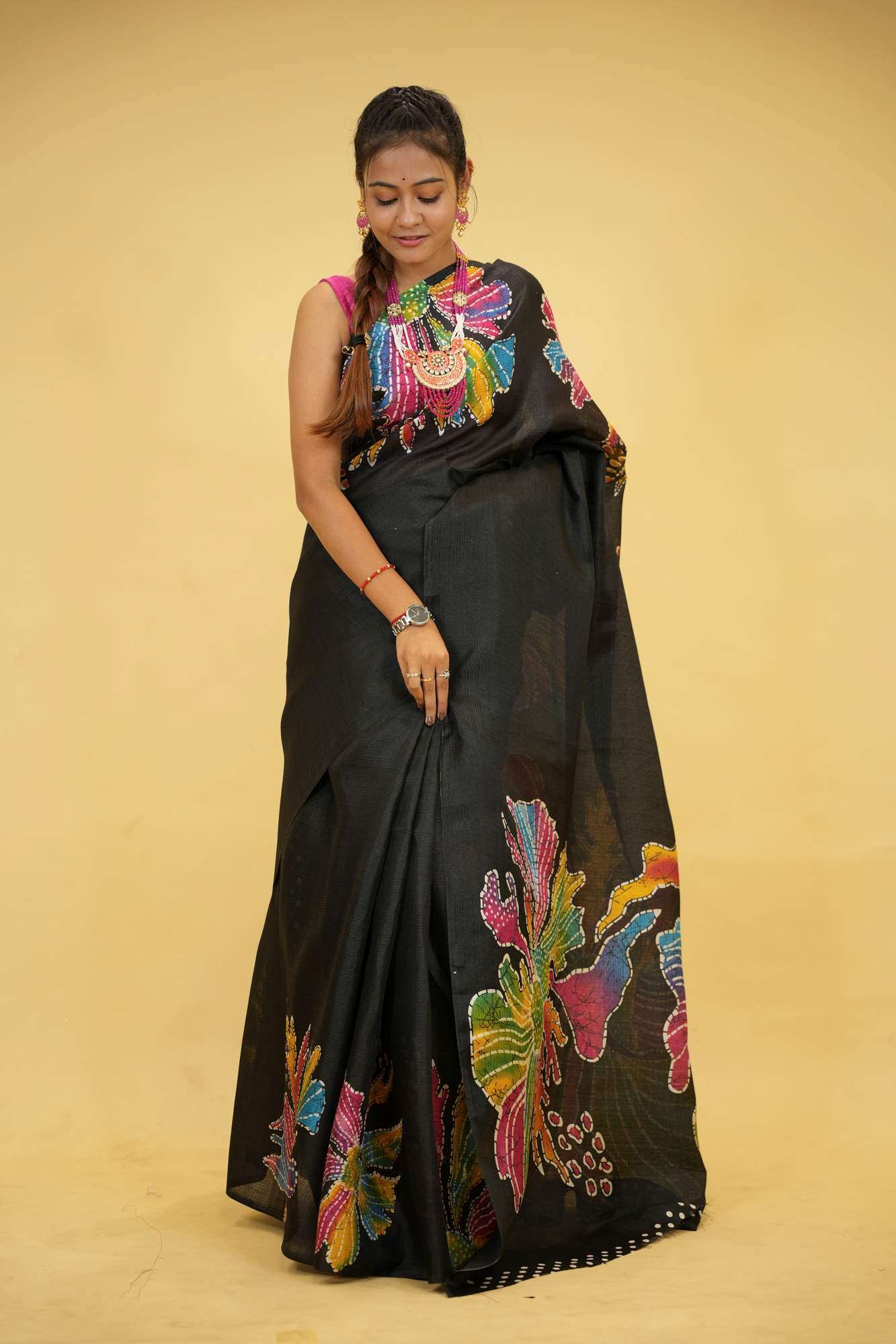 Black Cotton with Vibrant Handcrafted Batik Floral Design Ready To Wear Saree
