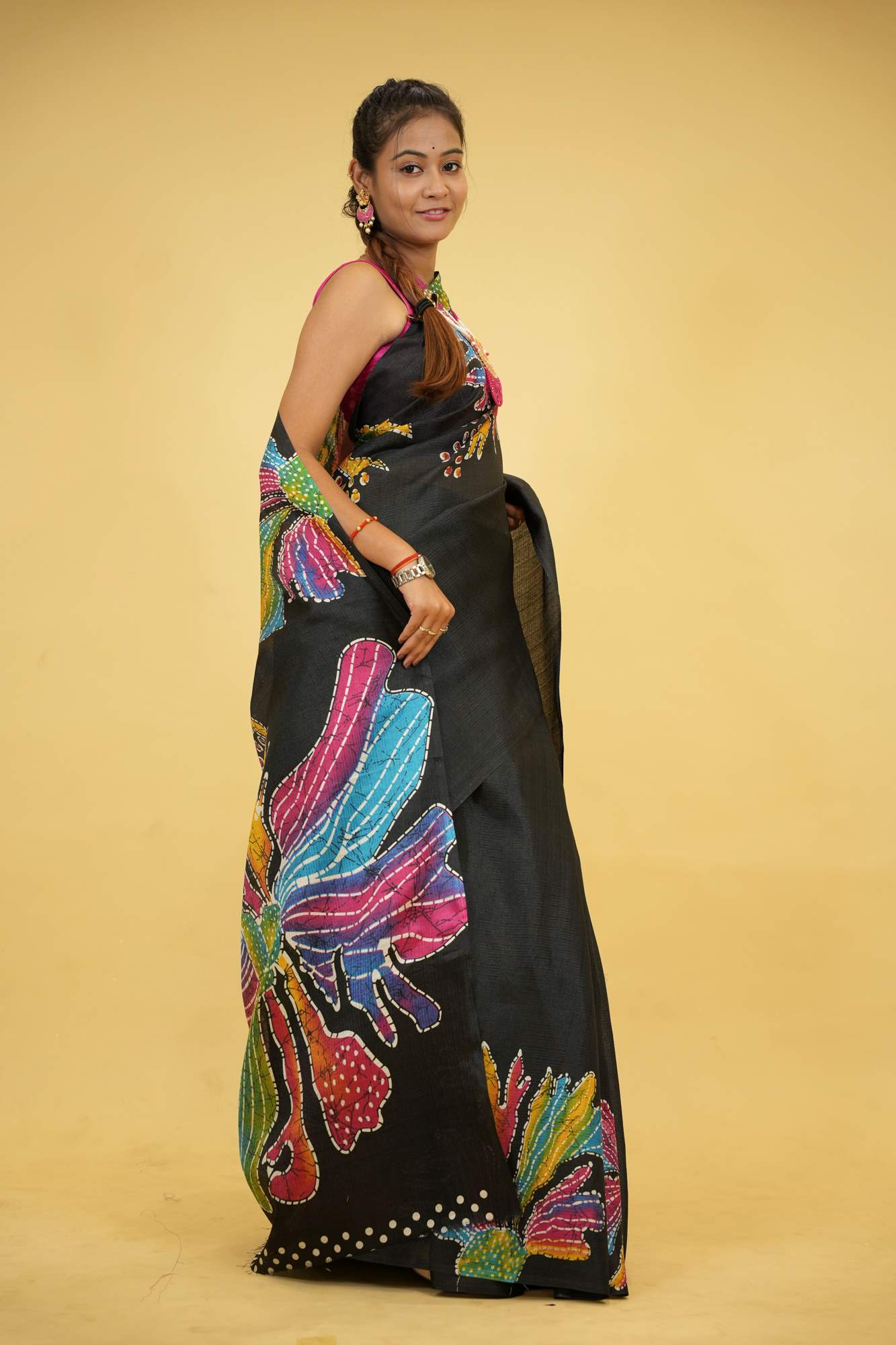 Black Cotton with Vibrant Handcrafted Batik Floral Design Ready To Wear Saree