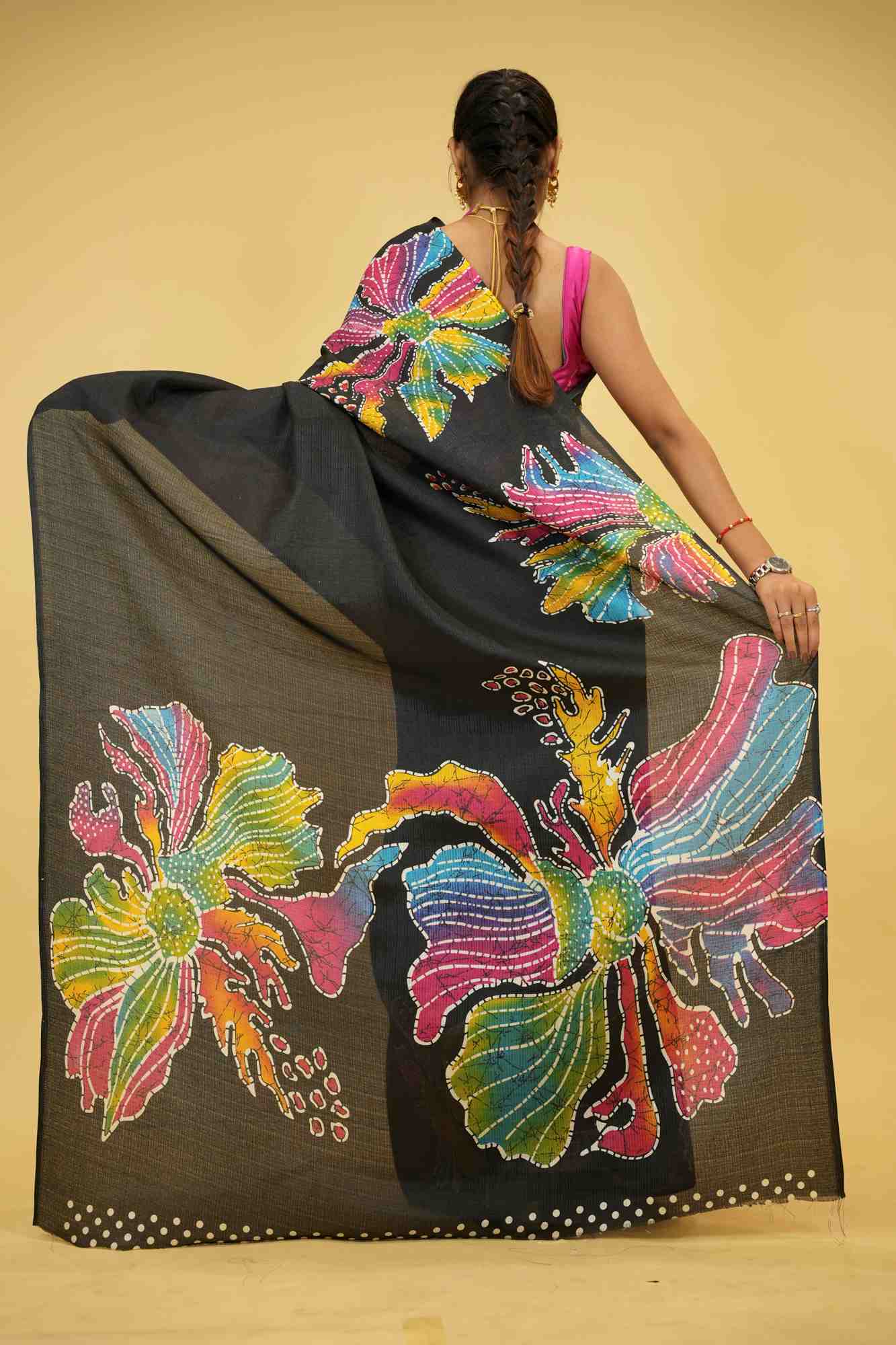 Black Cotton with Vibrant Handcrafted Batik Floral Design Ready To Wear Saree