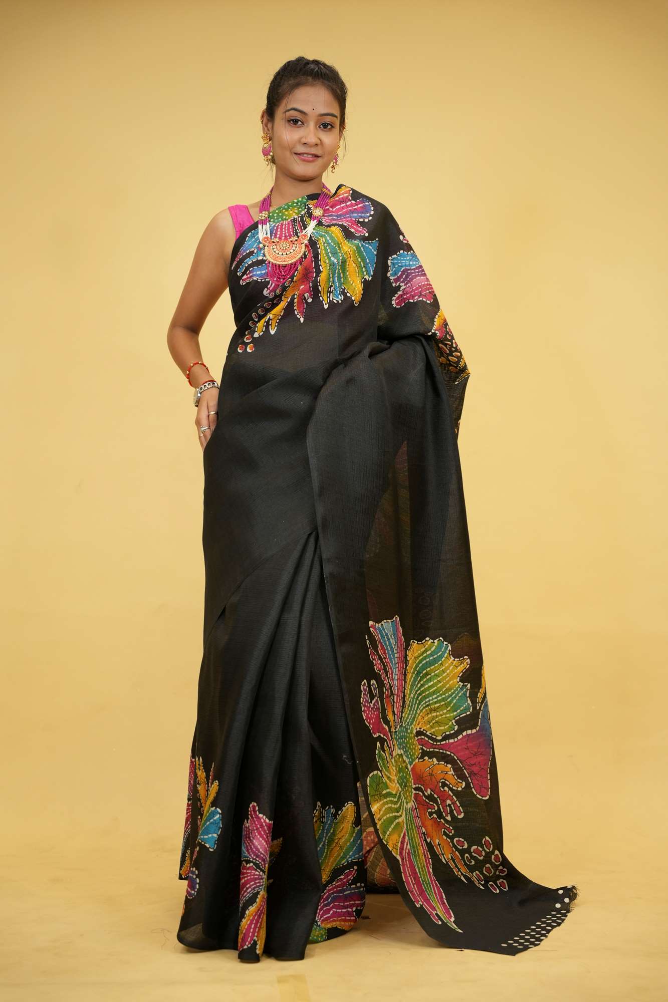 Black Cotton with Vibrant Handcrafted Batik Floral Design Ready To Wear Saree
