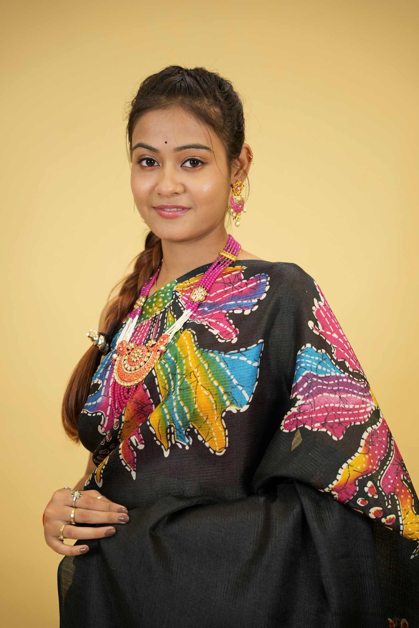 Black Cotton with Vibrant Handcrafted Batik Floral Design Ready To Wear Saree