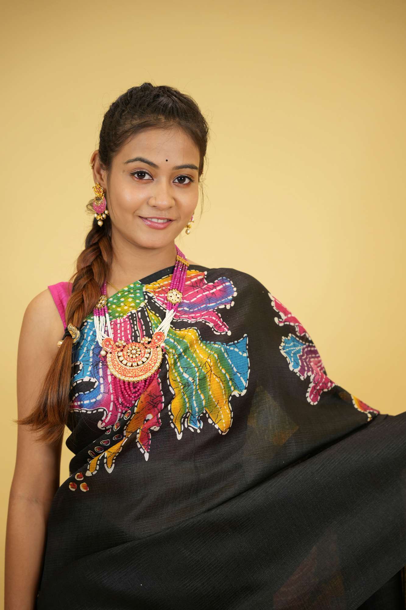 Black Cotton with Vibrant Handcrafted Batik Floral Design Ready To Wear Saree