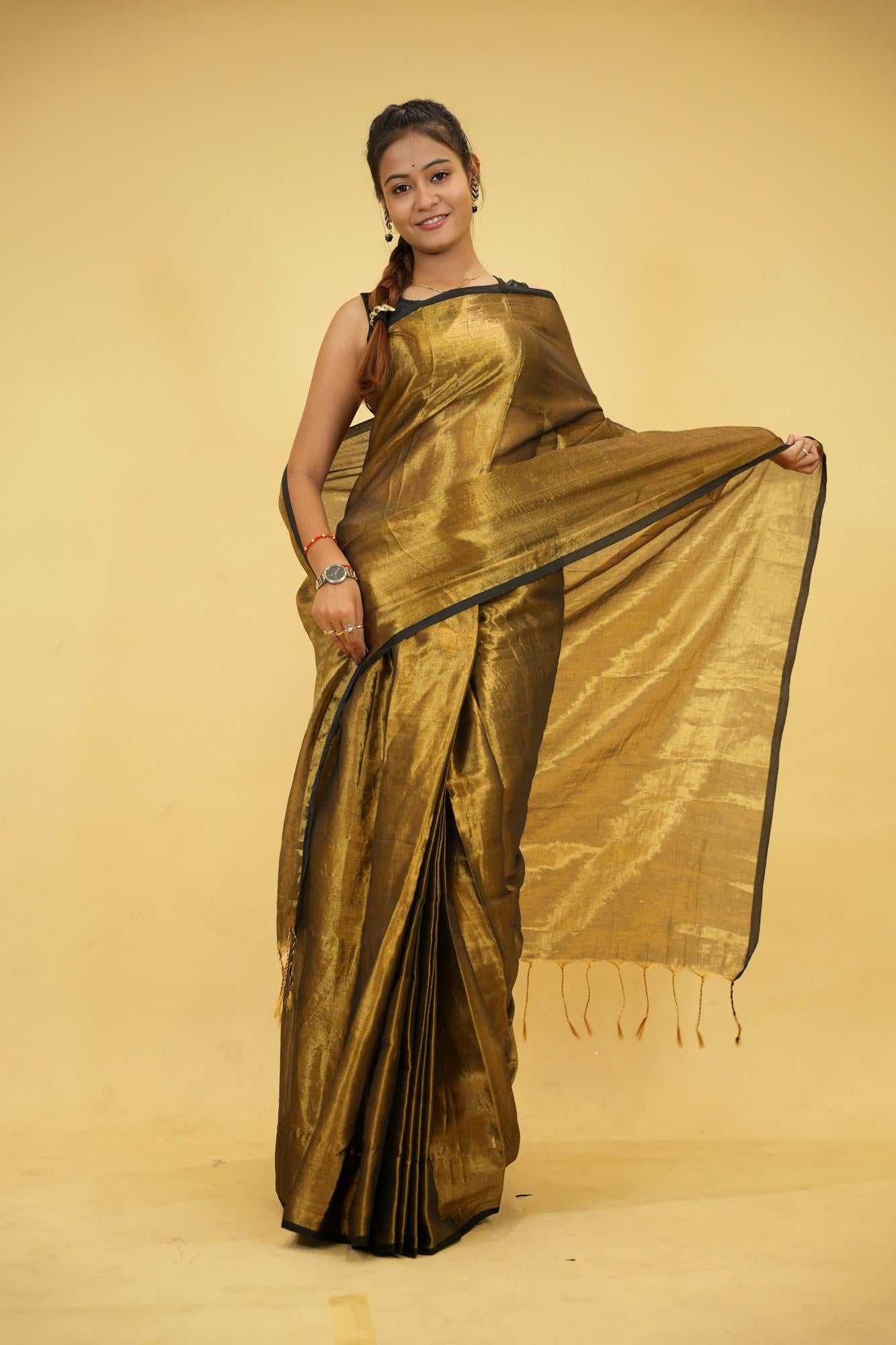 Tissue Linen in "Dhup Chav" Golden Finish with Black Border Ready To Wear Saree