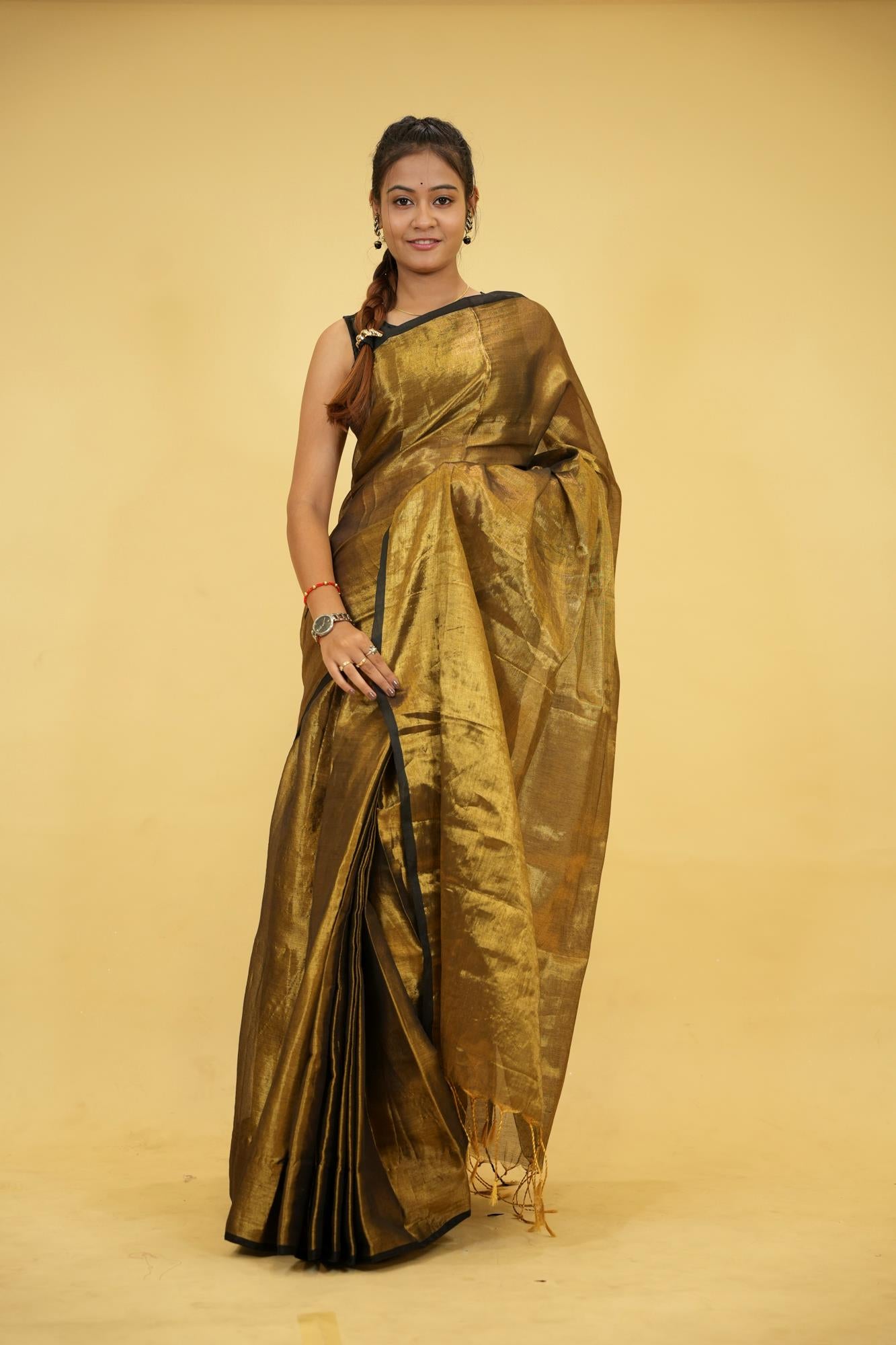 Tissue Linen in "Dhup Chav" Golden Finish with Black Border Ready To Wear Saree