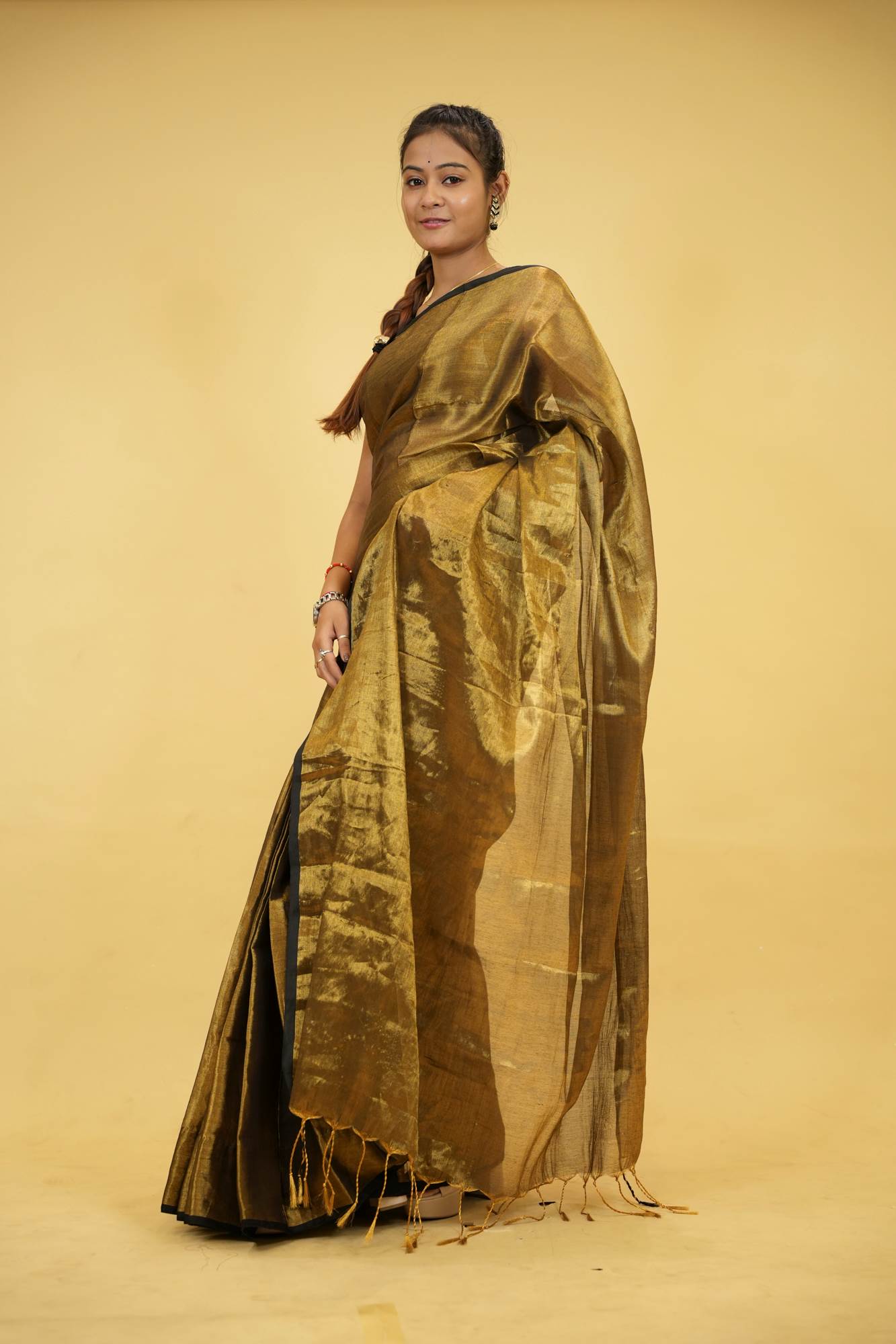 Tissue Linen in "Dhup Chav" Golden Finish with Black Border Ready To Wear Saree